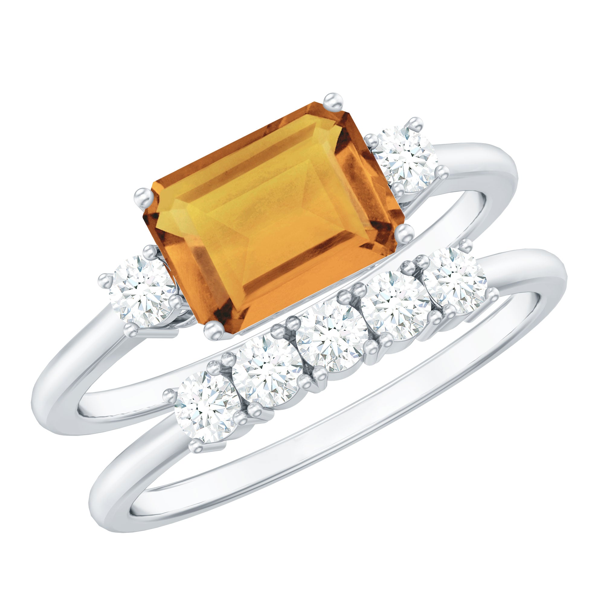 Emerald Cut Citrine Wedding Ring Set with Moissanite