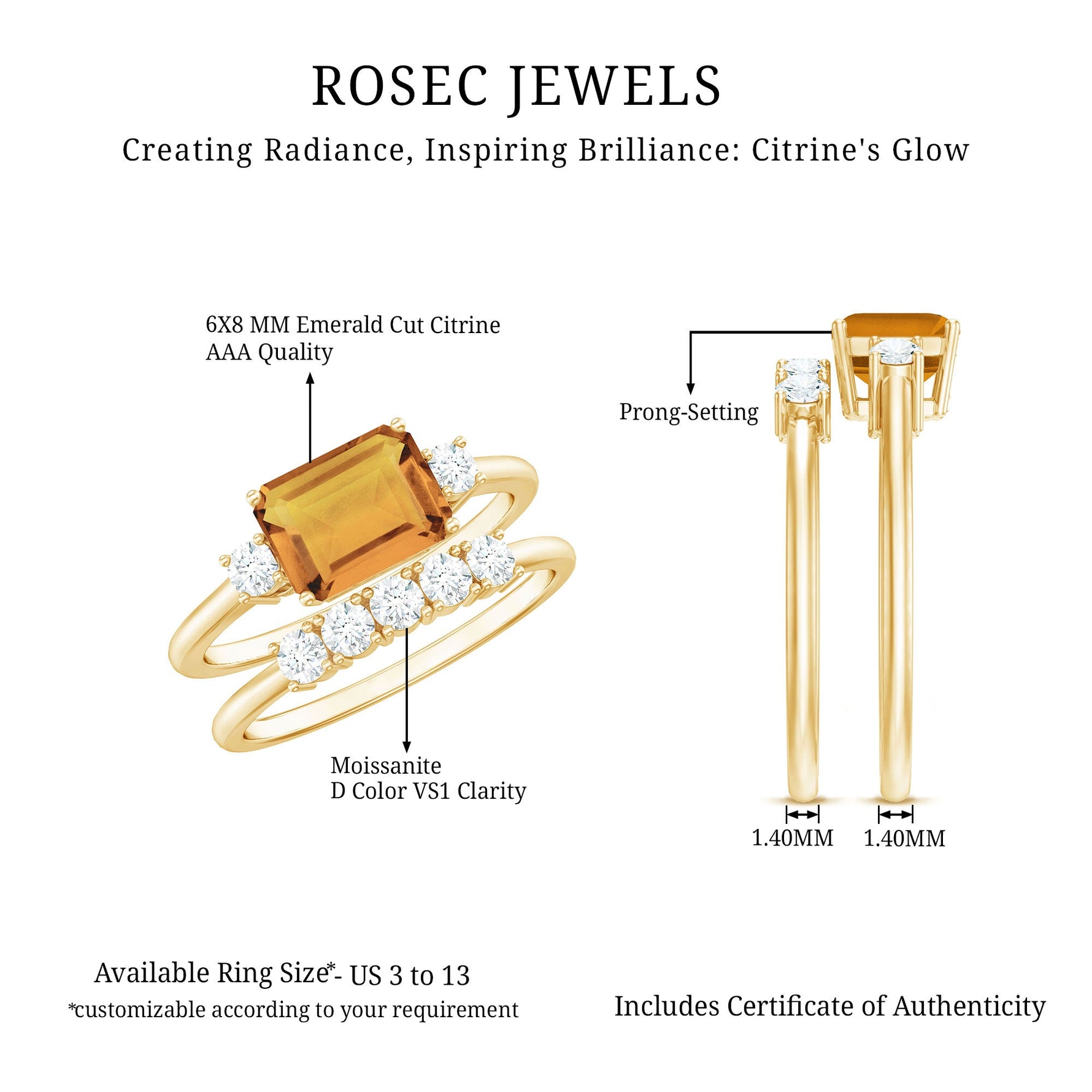 Emerald Cut Citrine Wedding Ring Set with Moissanite
