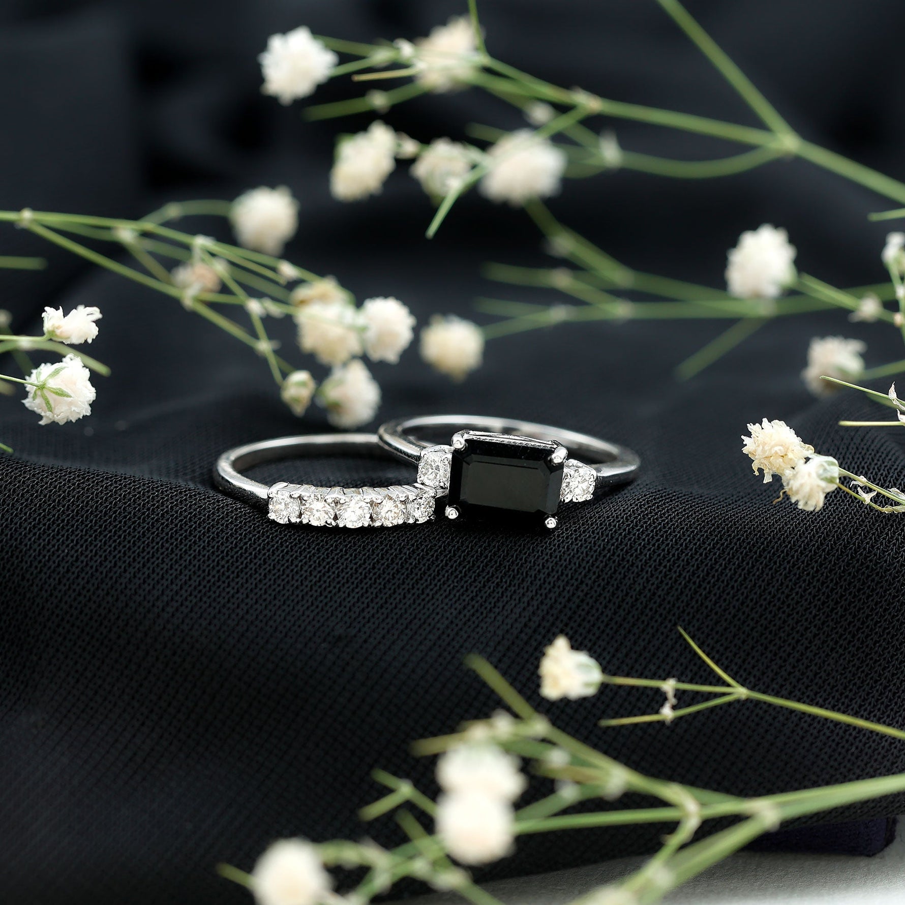 Emerald Cut Black Onyx and Diamond Wedding Ring Set