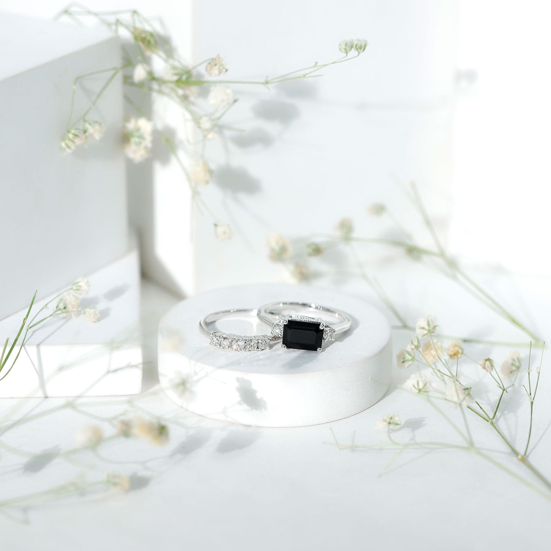 Emerald Cut Black Onyx and Diamond Wedding Ring Set