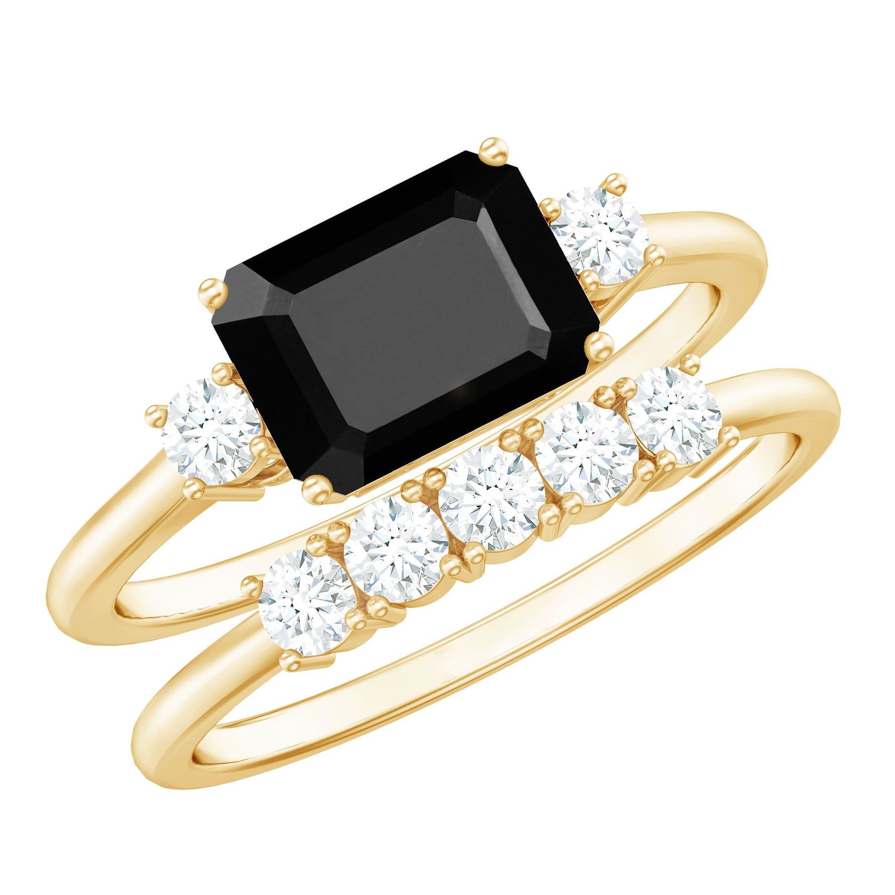 Emerald Cut Black Onyx and Diamond Wedding Ring Set