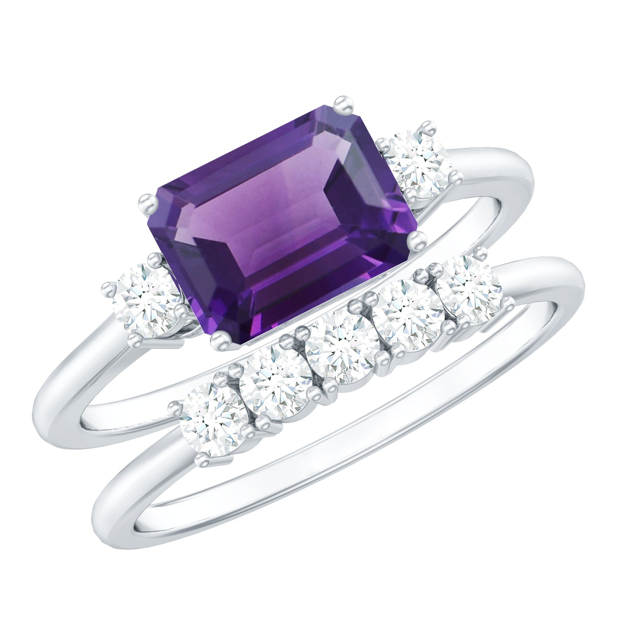 Octagon Cut Amethyst Contemporary Wedding Ring Set with Diamond