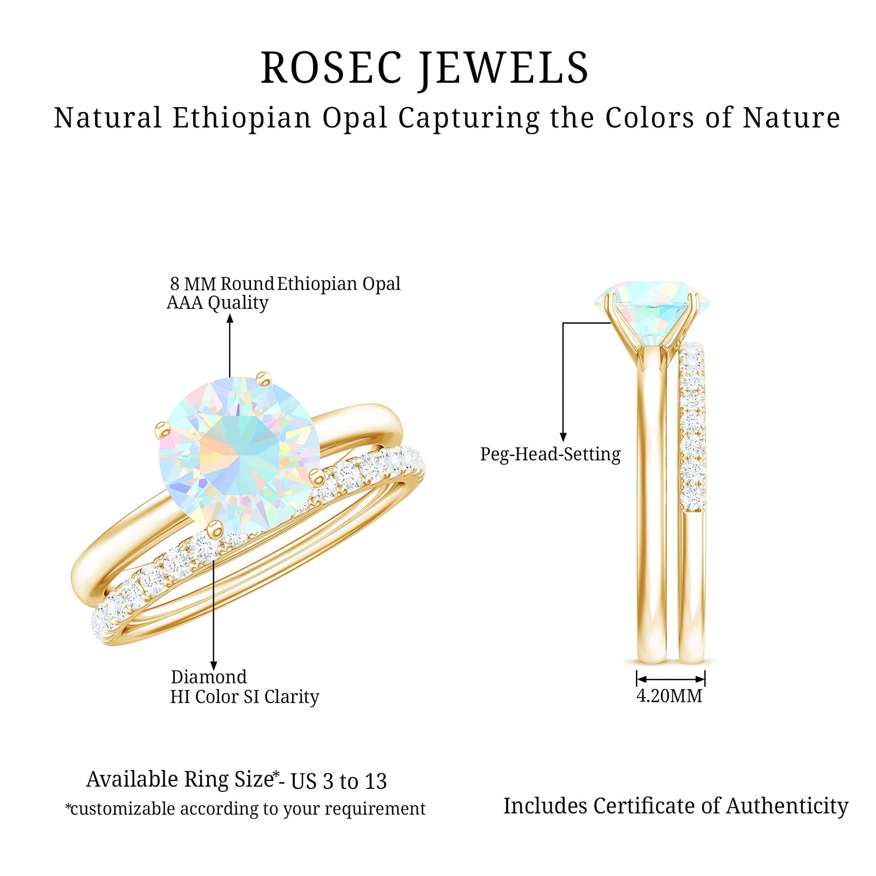 Natural Ethiopian Opal Diamond Solitaire Engagement Wedding Ring Set of 2