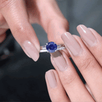 8mm Round Shape Lab Created Blue Sapphire Solitaire Wedding Ring Set with Diamond Band