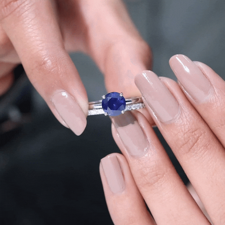 8mm Round Shape Lab Created Blue Sapphire Solitaire Wedding Ring Set with Diamond Band