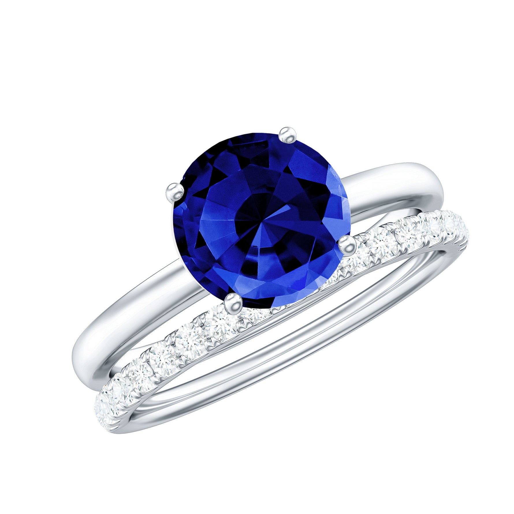 8mm Round Shape Lab Created Blue Sapphire Solitaire Wedding Ring Set with Diamond Band