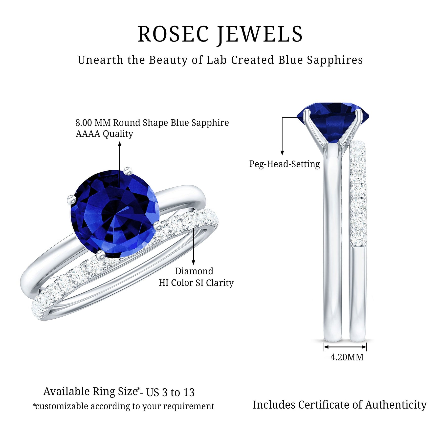 8mm Round Shape Lab Created Blue Sapphire Solitaire Wedding Ring Set with Diamond Band