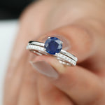 8mm Round Shape Lab Created Blue Sapphire Solitaire Wedding Ring Set with Diamond Band