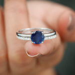 8mm Round Shape Lab Created Blue Sapphire Solitaire Wedding Ring Set with Diamond Band