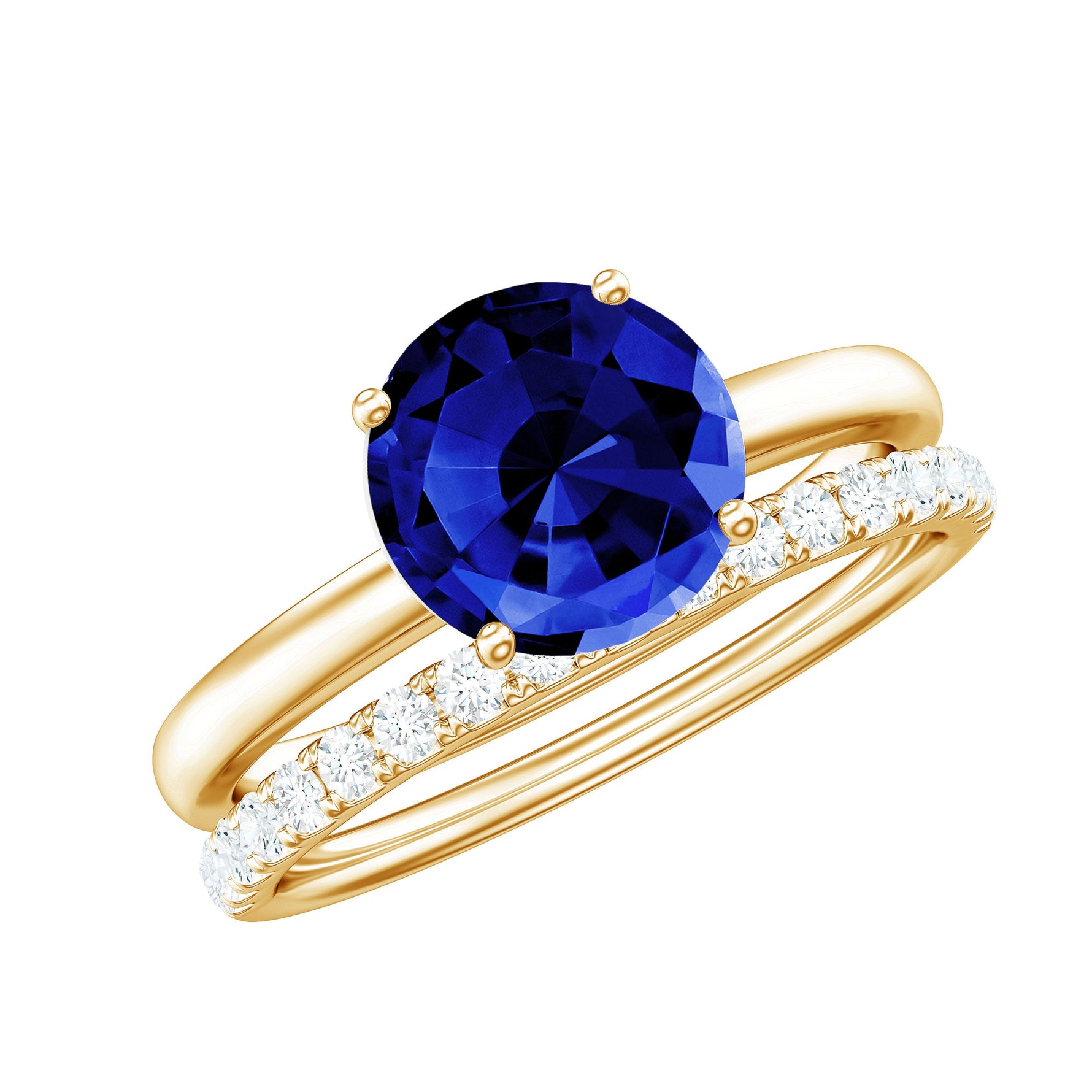 8mm Round Shape Lab Created Blue Sapphire Solitaire Wedding Ring Set with Diamond Band