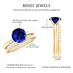 8mm Round Shape Lab Created Blue Sapphire Solitaire Wedding Ring Set with Diamond Band