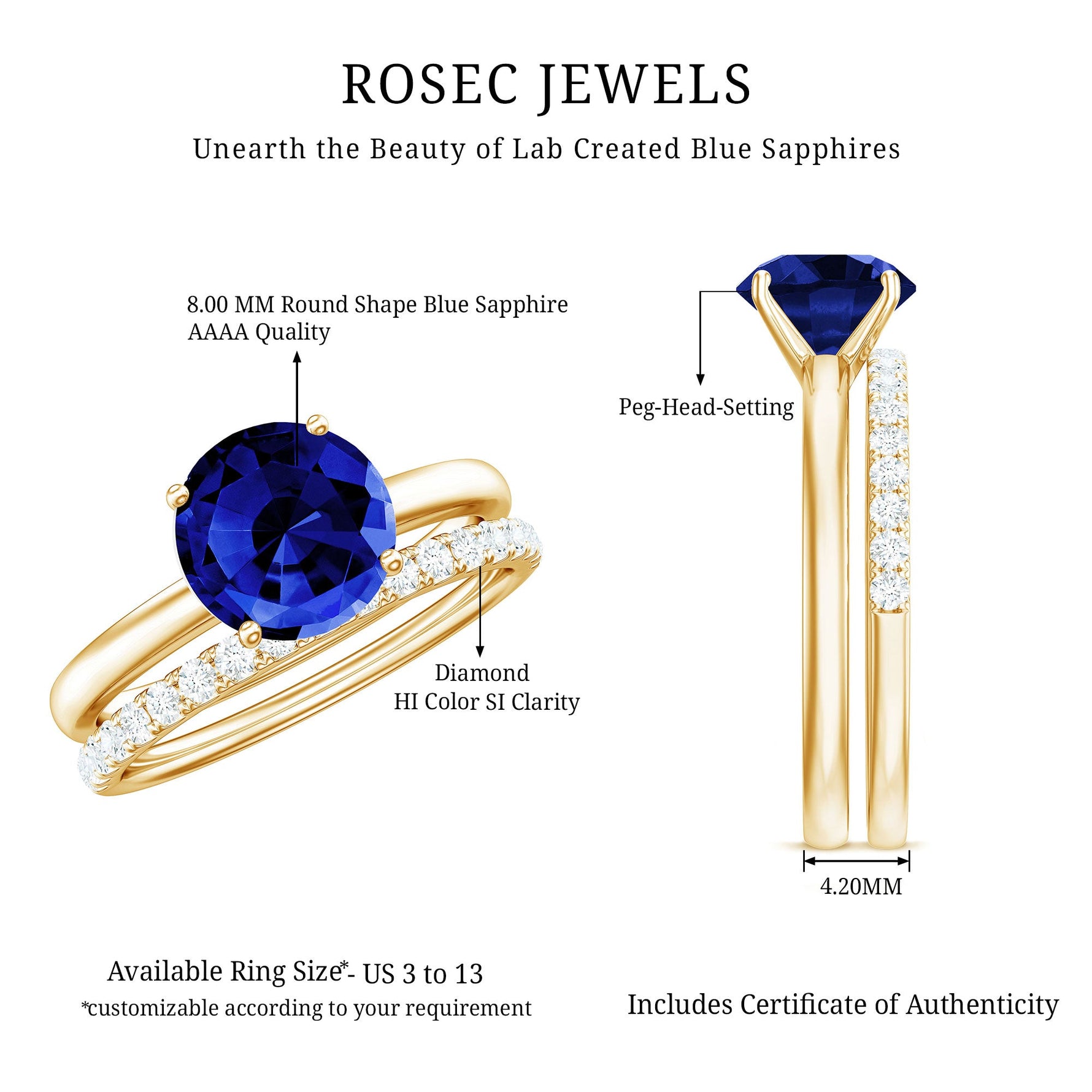 8mm Round Shape Lab Created Blue Sapphire Solitaire Wedding Ring Set with Diamond Band
