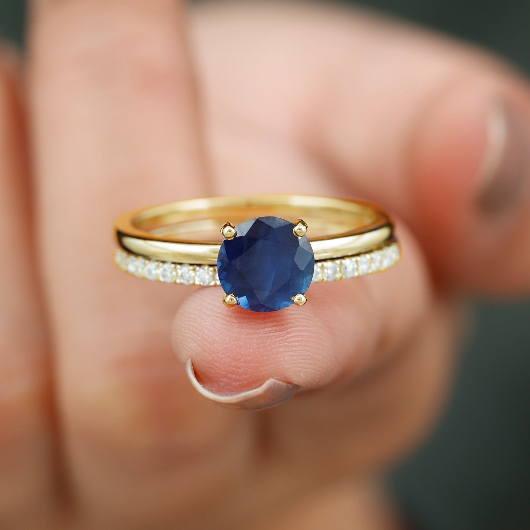 8mm Round Shape Lab Created Blue Sapphire Solitaire Wedding Ring Set with Diamond Band