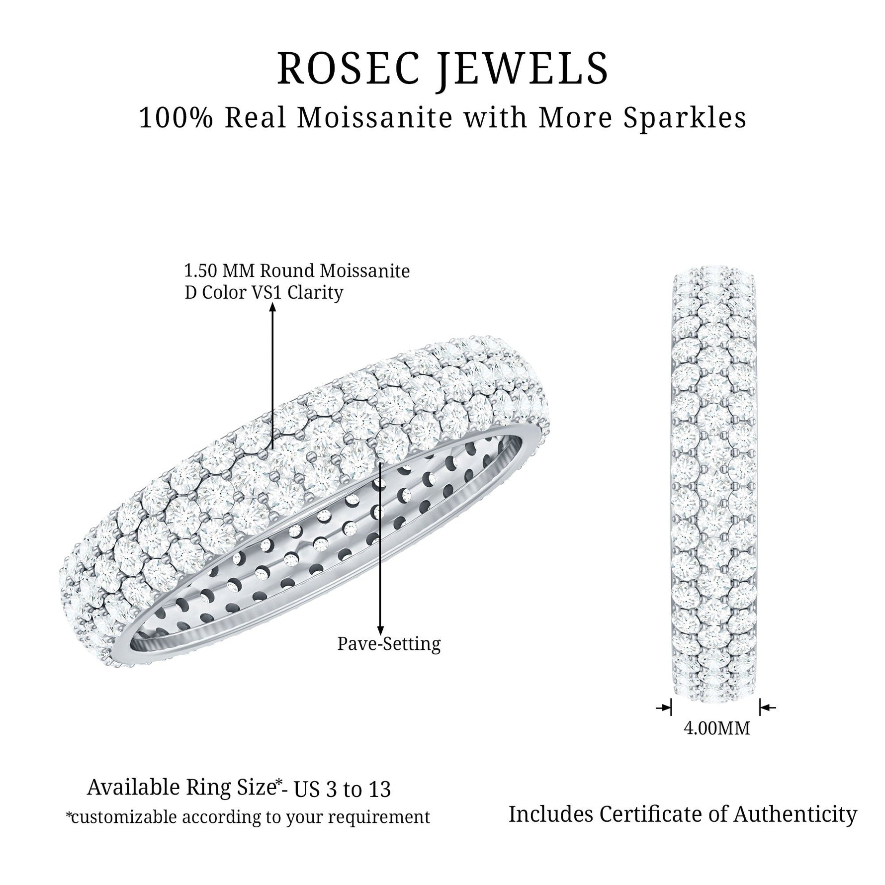 Triple Row Moissanite Classic Wedding Ring Band for Women