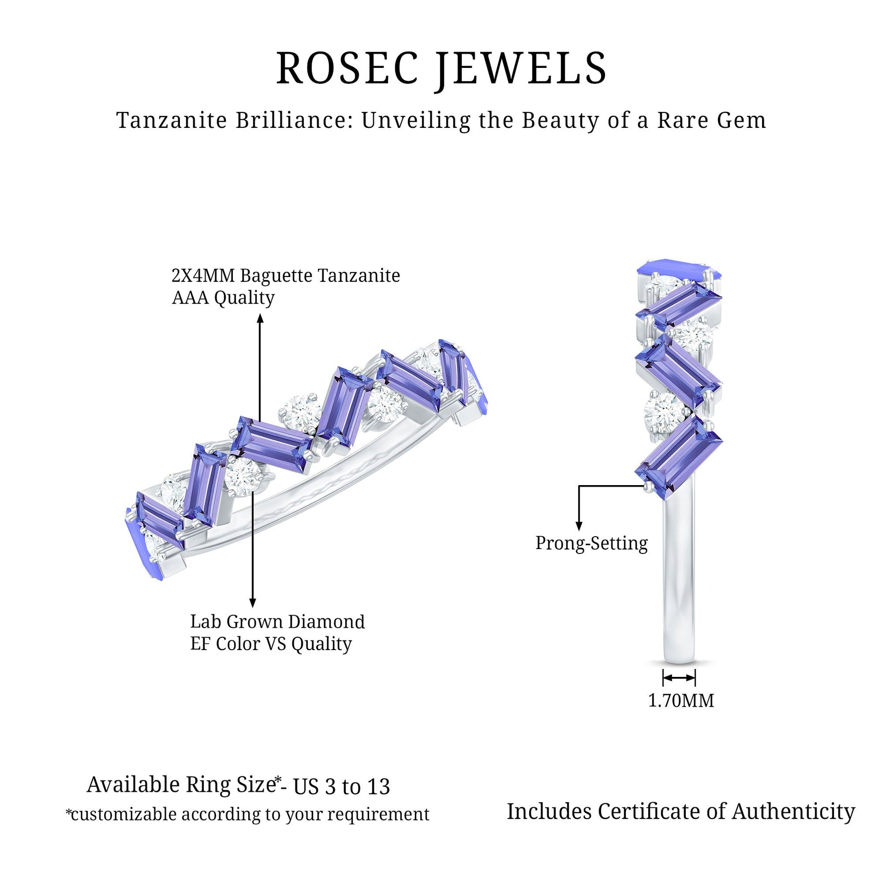 Baguette Cut Tanzanite and Diamond Half Eternity Stackable Ring