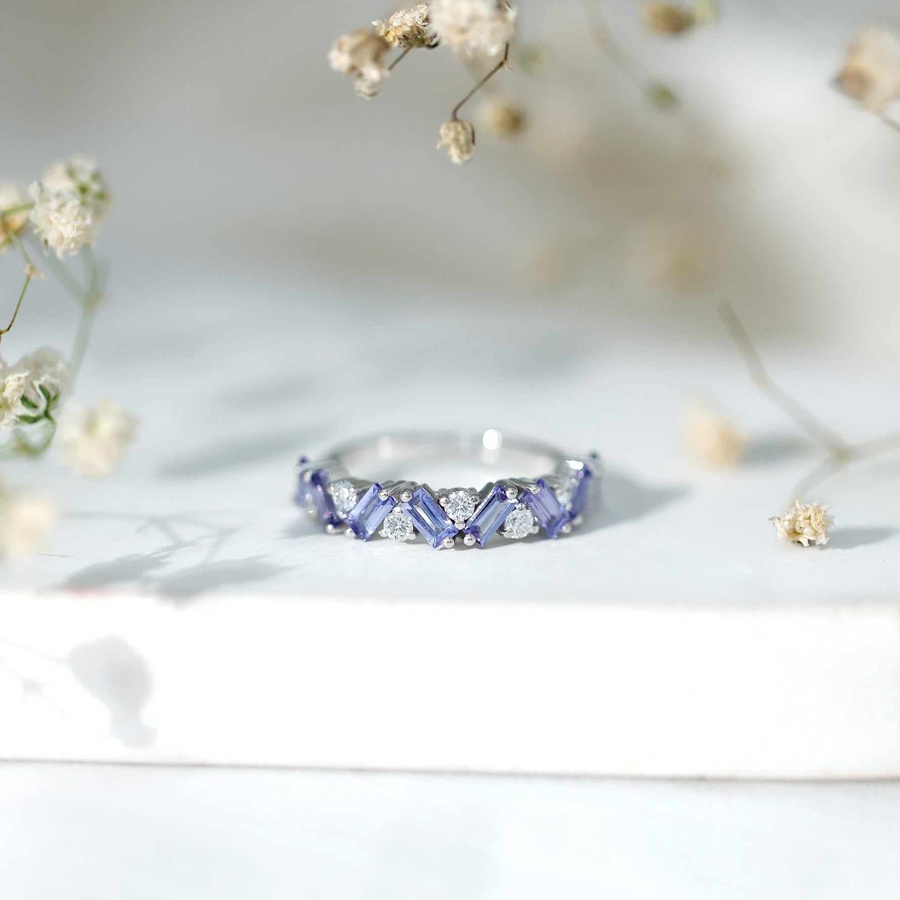 Baguette Cut Tanzanite and Diamond Half Eternity Stackable Ring