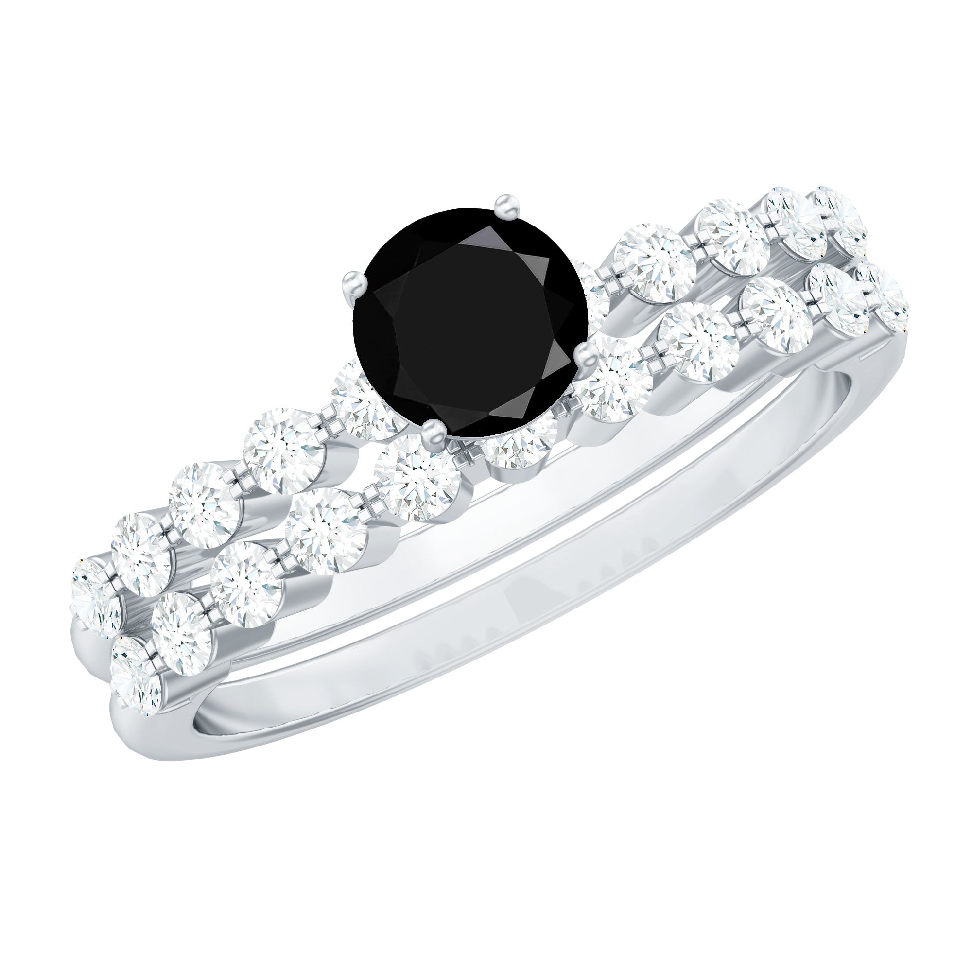 Round Cut Black Onyx and Diamond Stacking Wedding Ring Set
