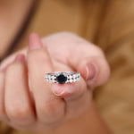 Round Cut Black Onyx and Diamond Stacking Wedding Ring Set