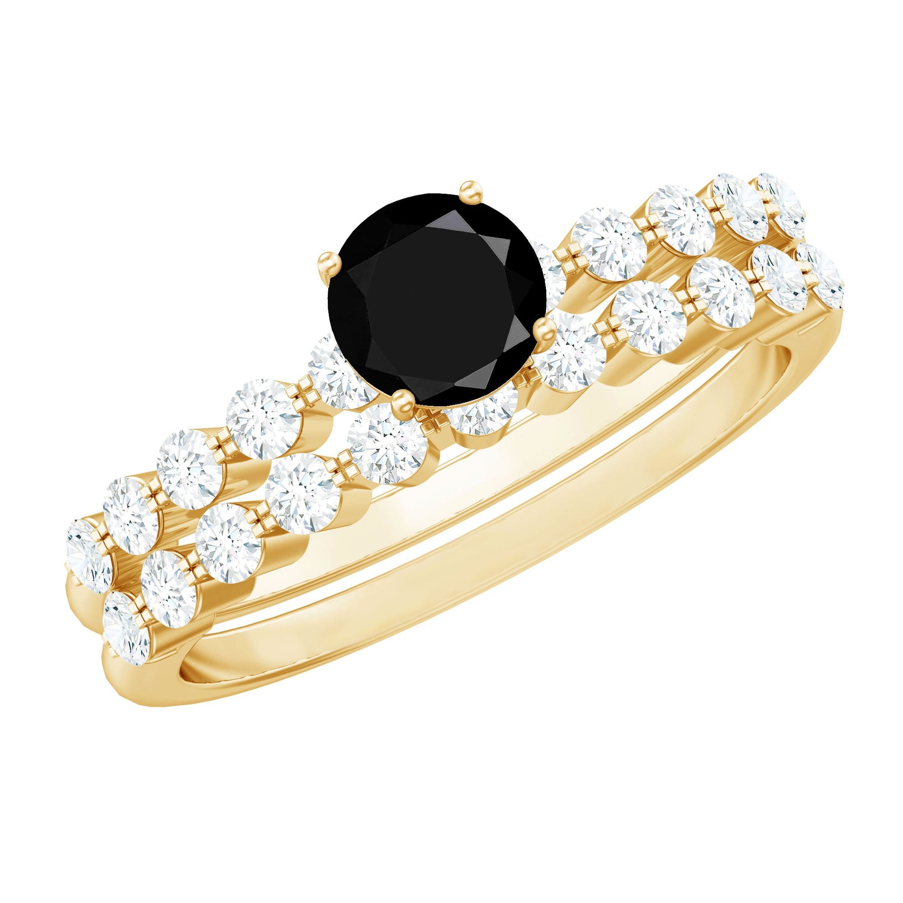 Round Cut Black Onyx and Diamond Stacking Wedding Ring Set