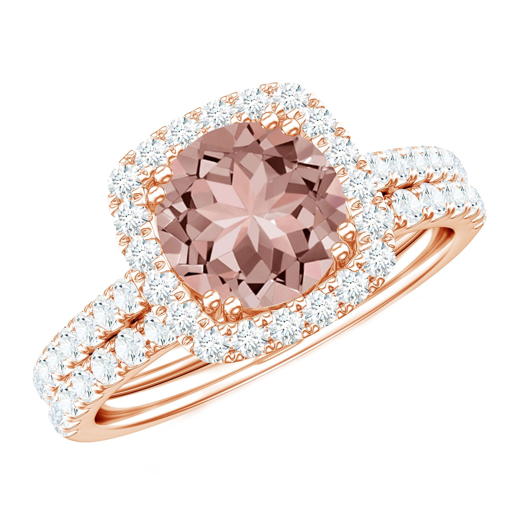Real Morganite Wedding Ring Set with Moissanite Halo