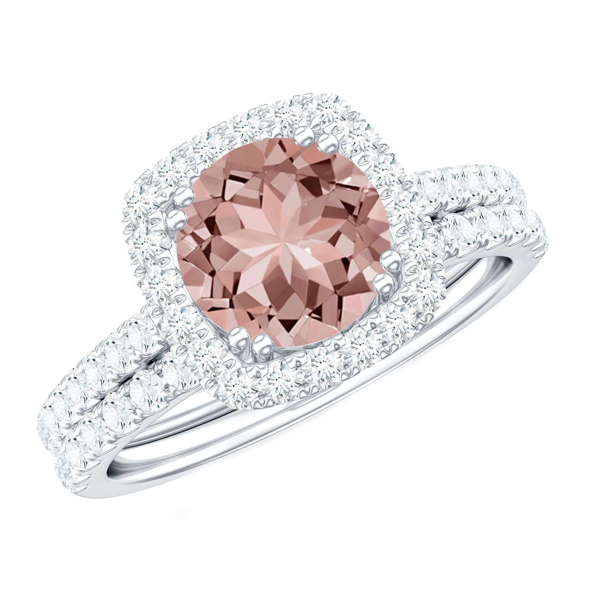 Real Morganite Wedding Ring Set with Moissanite Halo