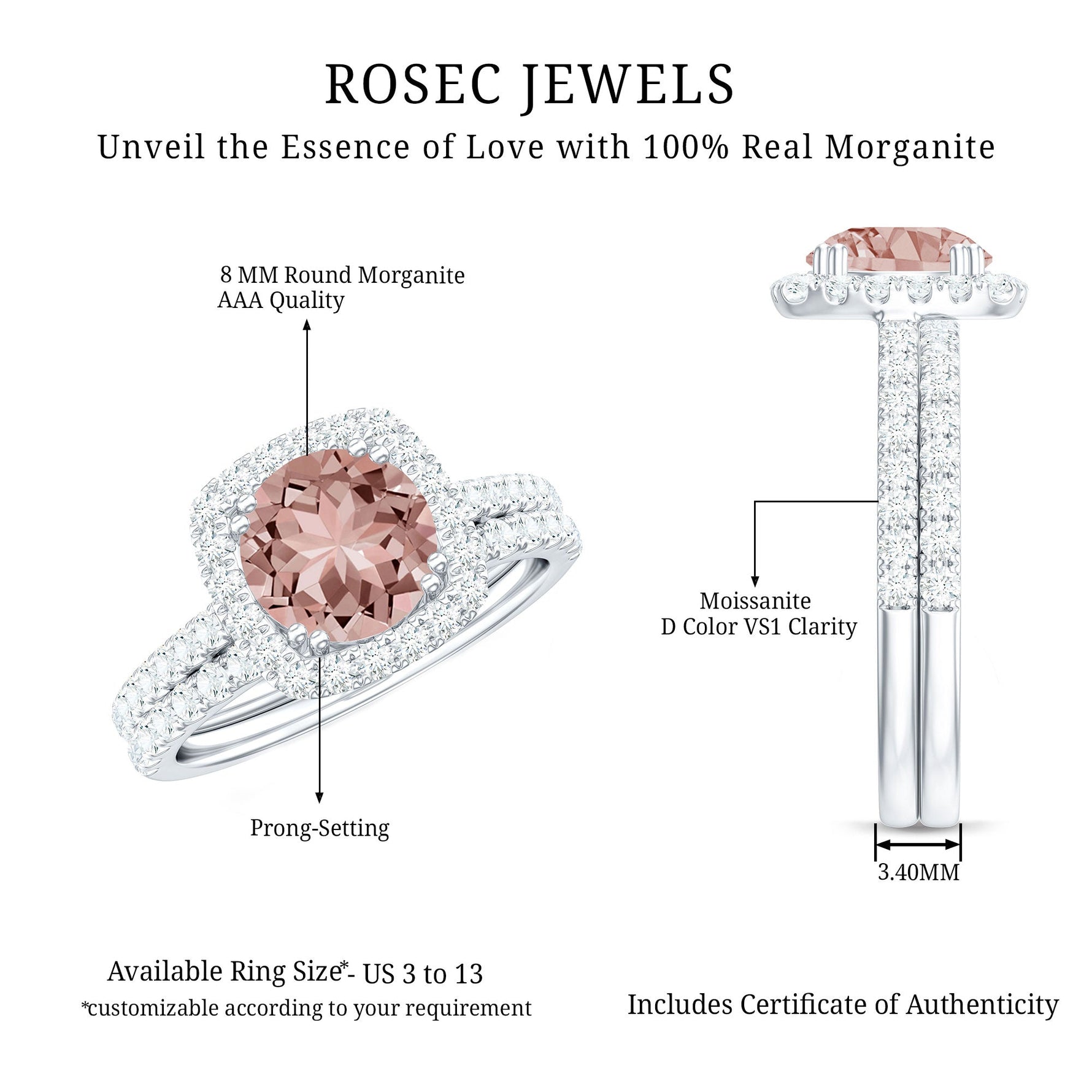 Real Morganite Wedding Ring Set with Moissanite Halo