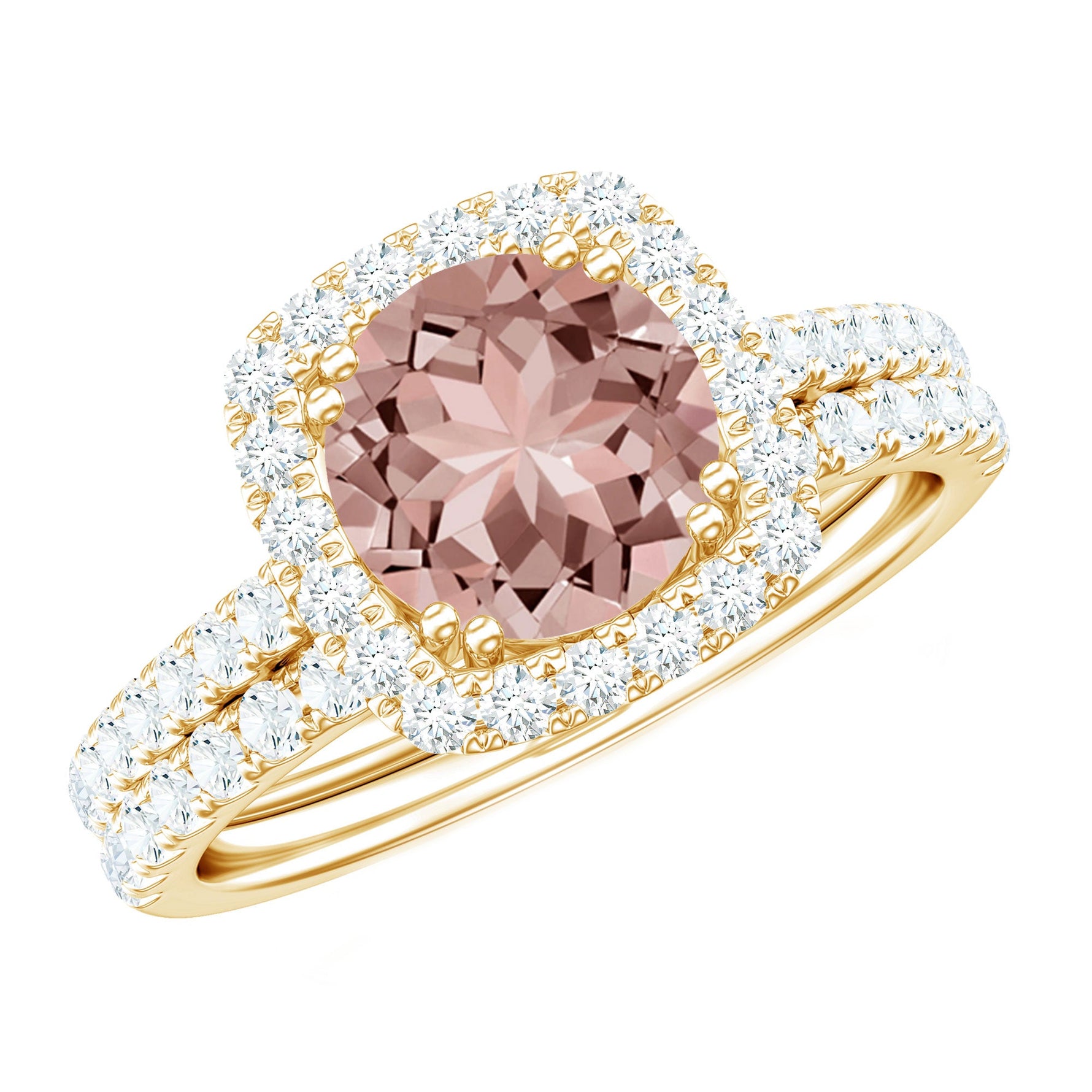 Real Morganite Wedding Ring Set with Moissanite Halo