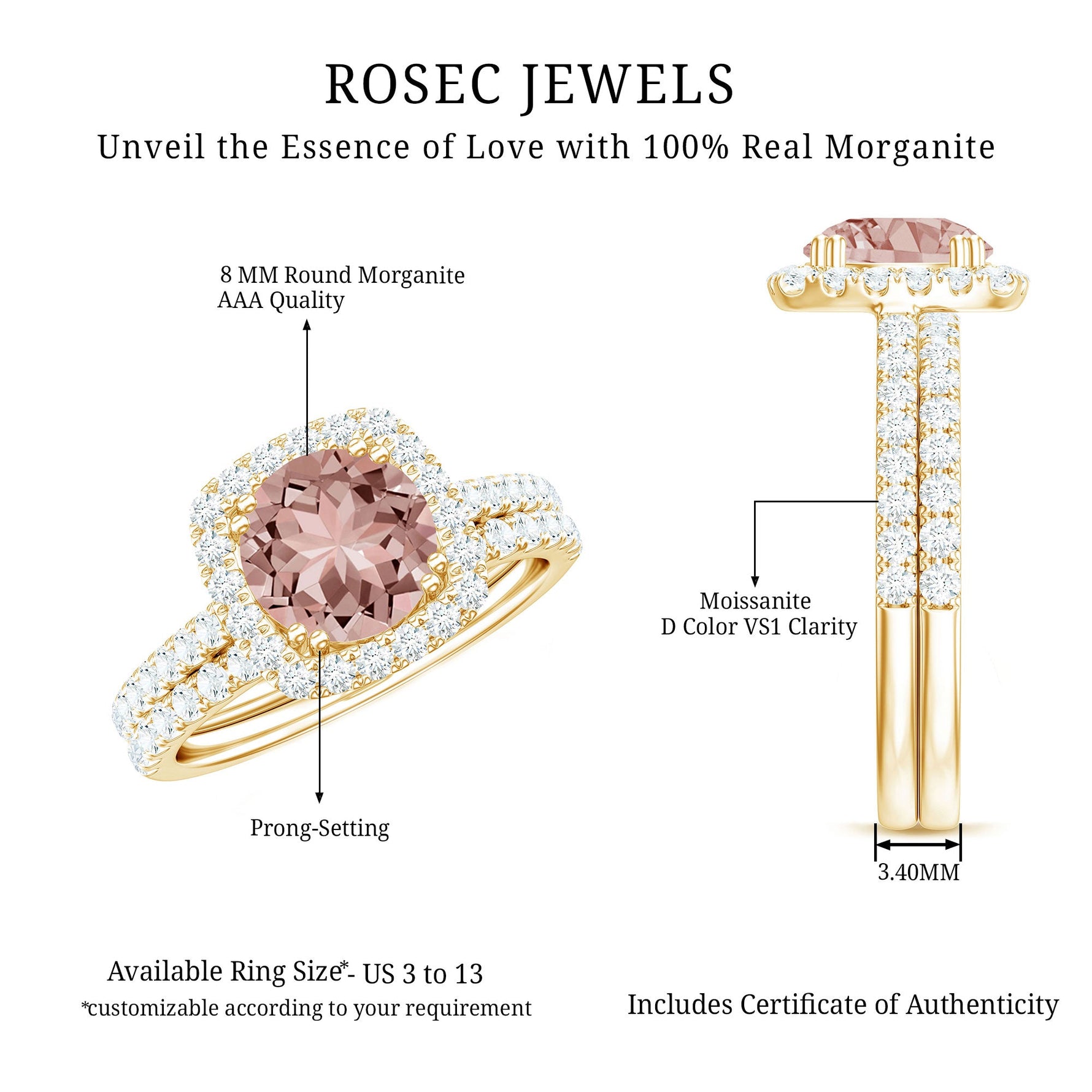 Real Morganite Wedding Ring Set with Moissanite Halo