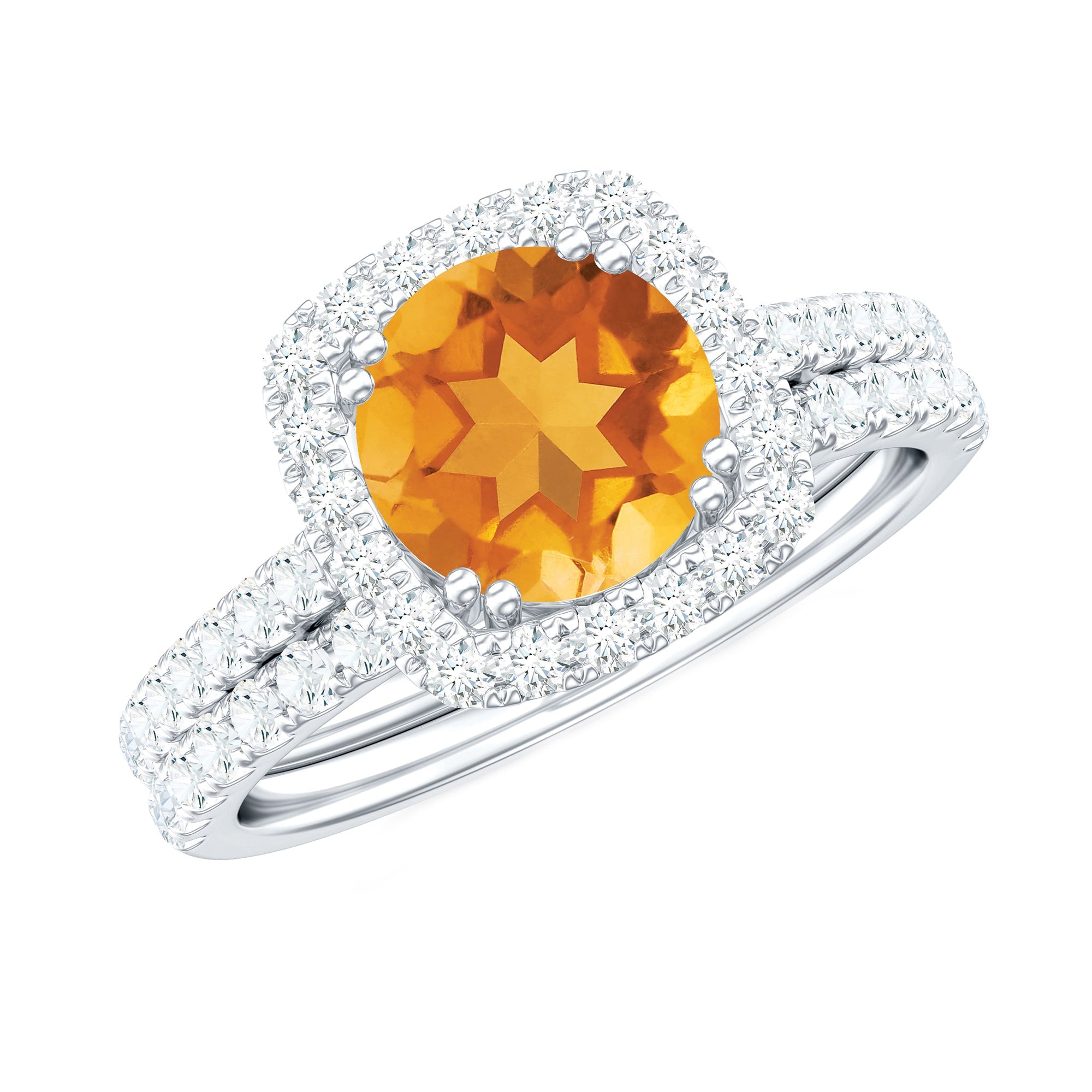 2.75 CT Citrine Classic Halo Wedding Ring Set with Moissanite Band