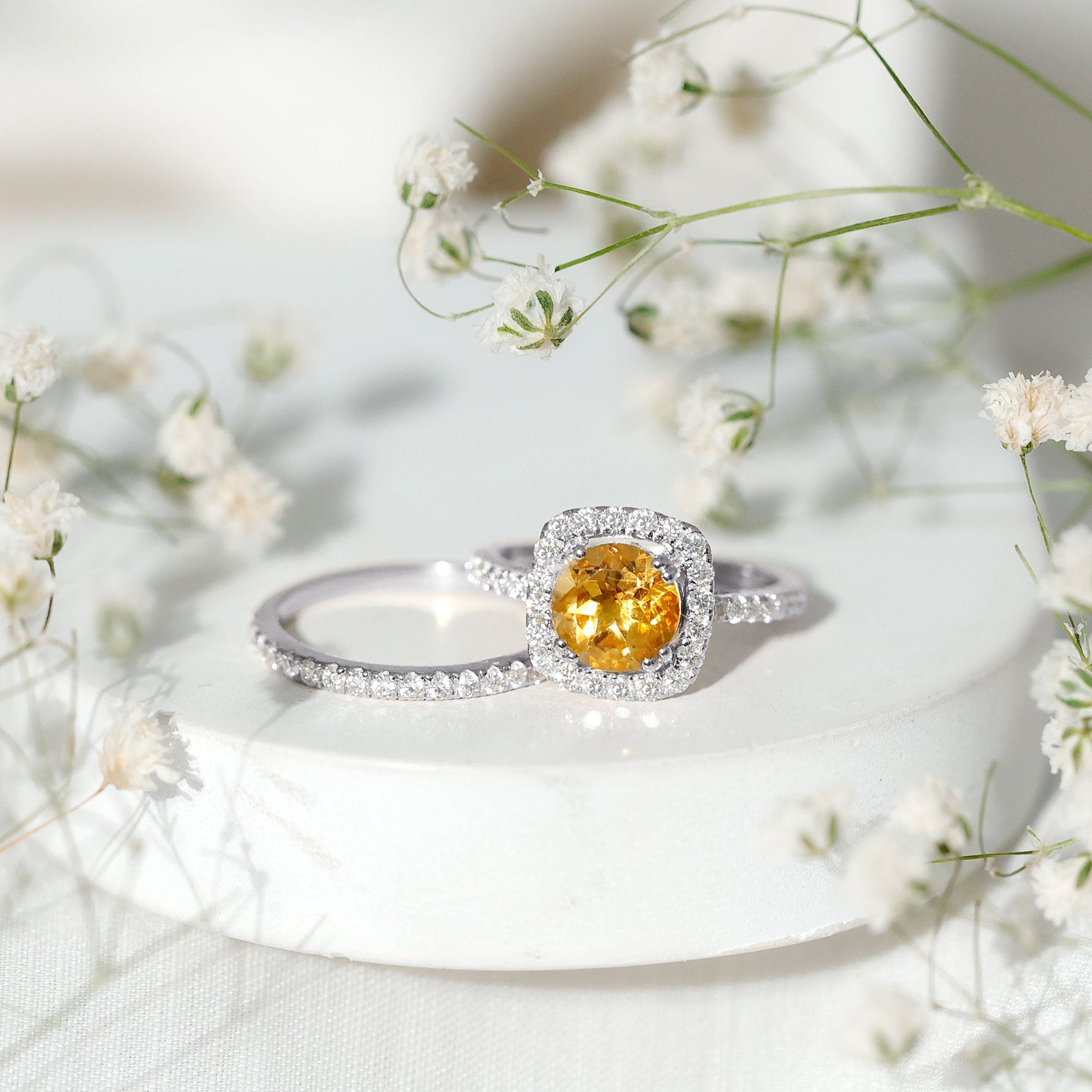 2.75 CT Citrine Classic Halo Wedding Ring Set with Moissanite Band