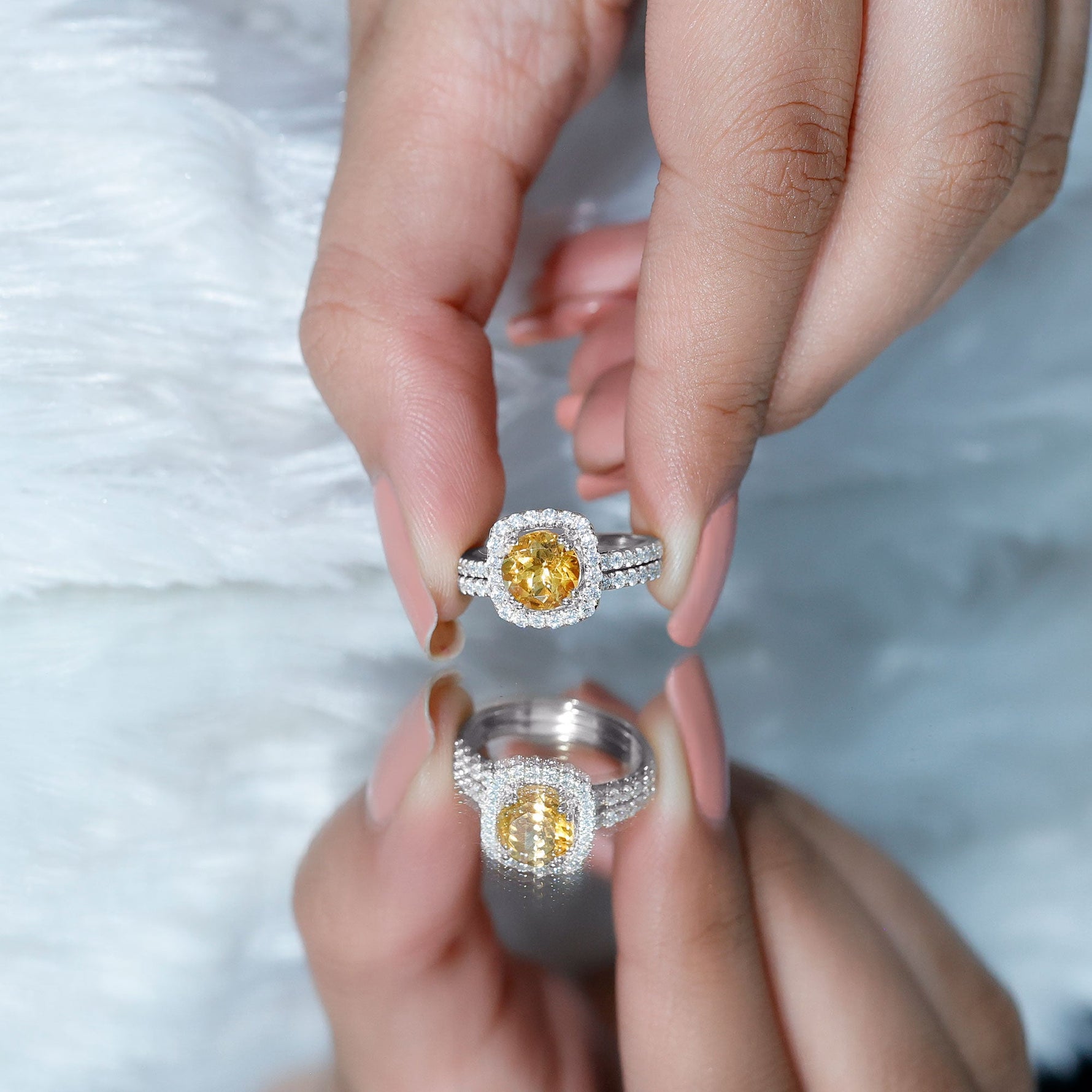 2.75 CT Citrine Classic Halo Wedding Ring Set with Moissanite Band