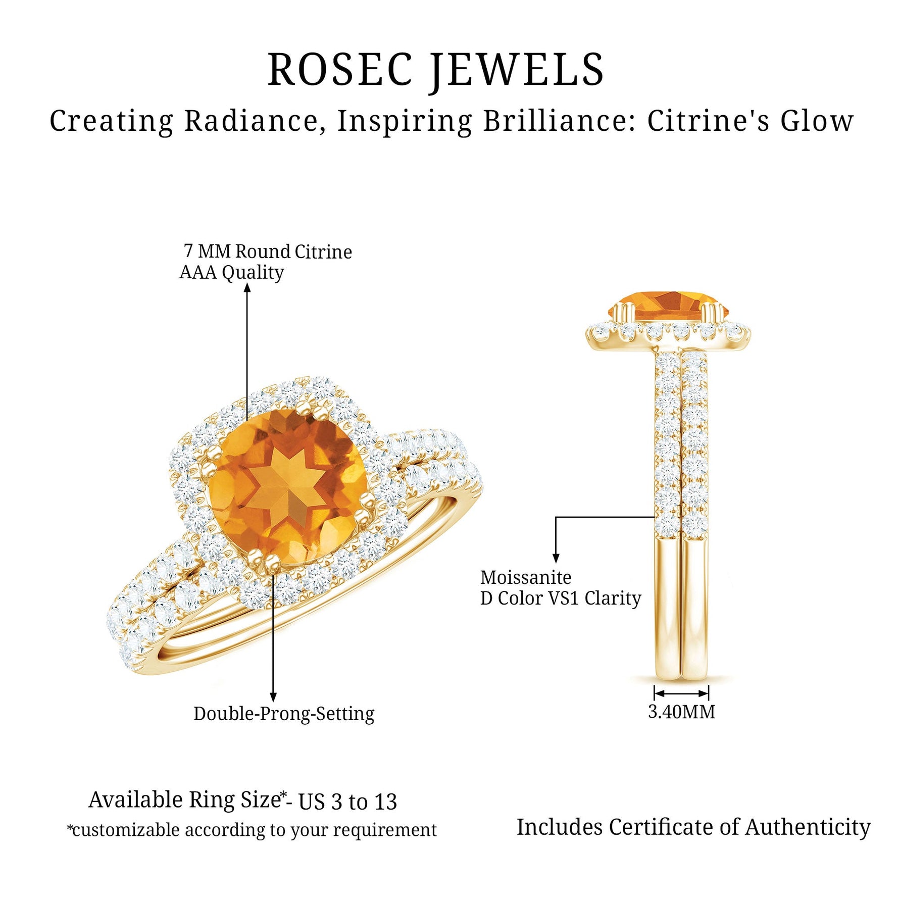 2.75 CT Citrine Classic Halo Wedding Ring Set with Moissanite Band