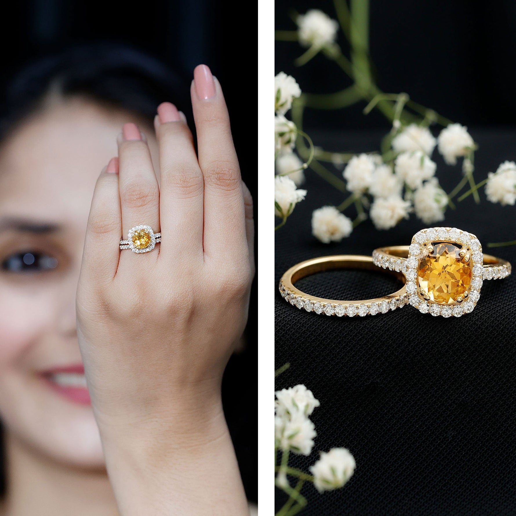 2.75 CT Citrine Classic Halo Wedding Ring Set with Moissanite Band