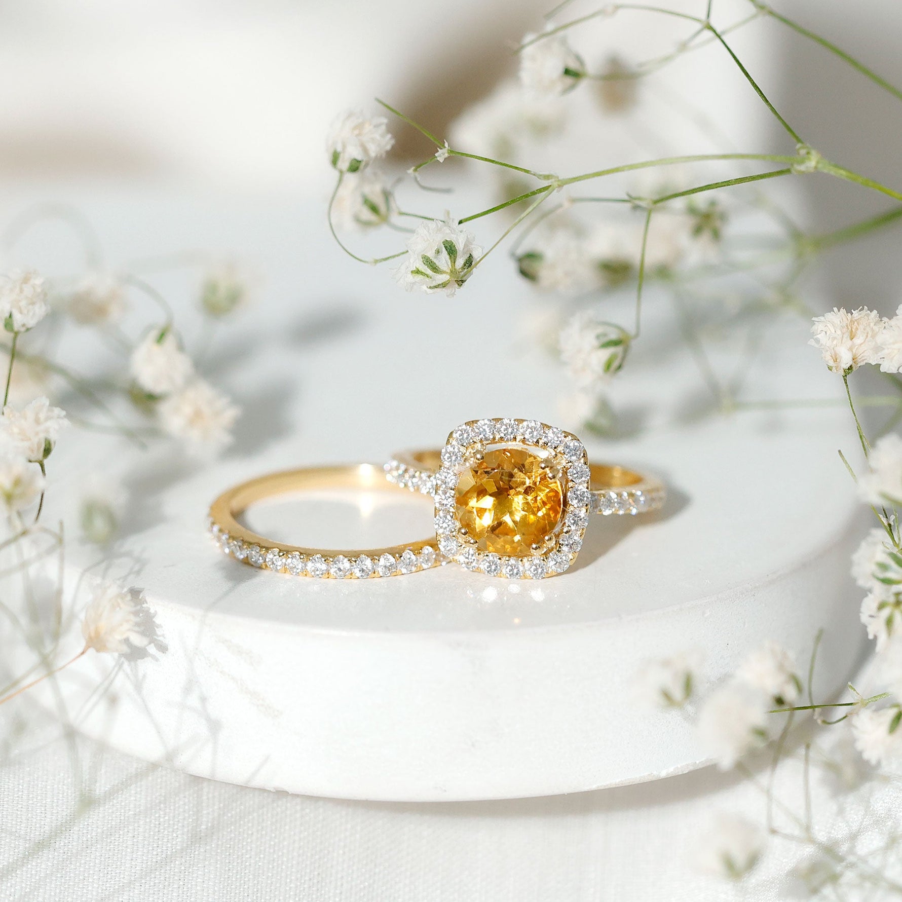 2.75 CT Citrine Classic Halo Wedding Ring Set with Moissanite Band