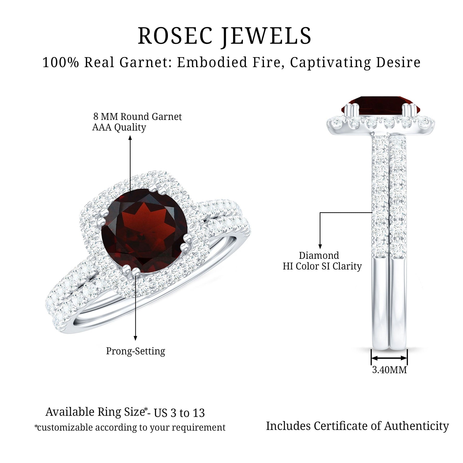 Real Garnet Wedding Ring Set with Diamond Halo