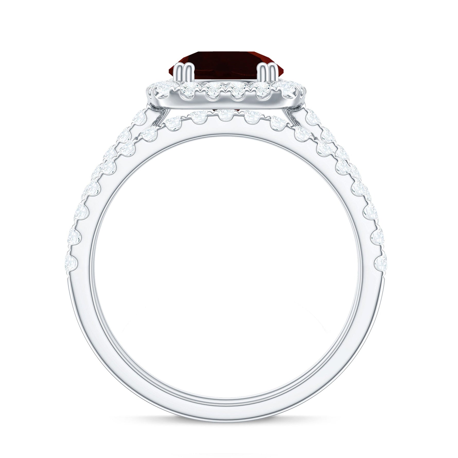 Real Garnet Wedding Ring Set with Diamond Halo