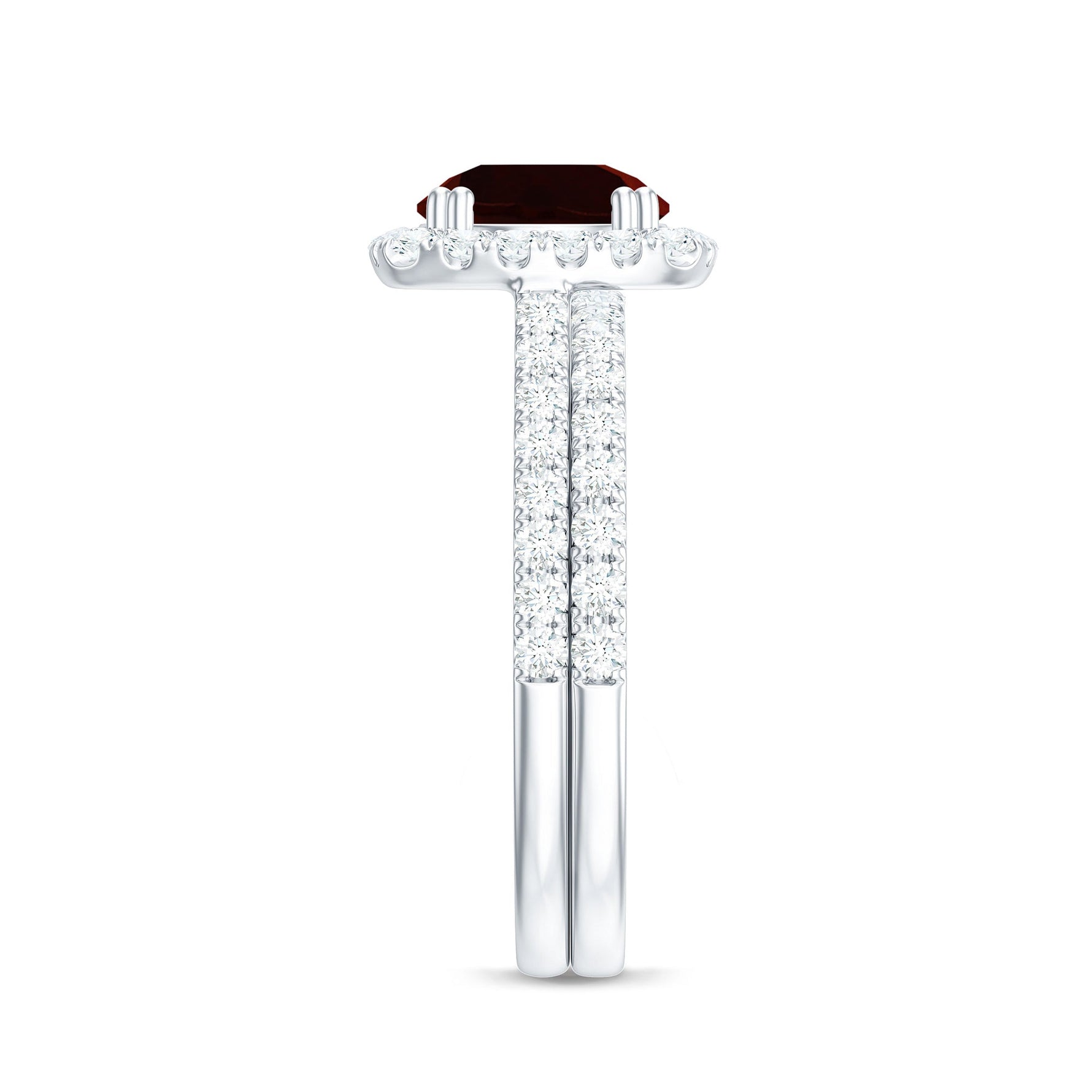 Real Garnet Wedding Ring Set with Diamond Halo