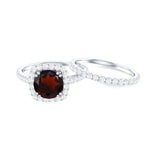 Real Garnet Wedding Ring Set with Diamond Halo