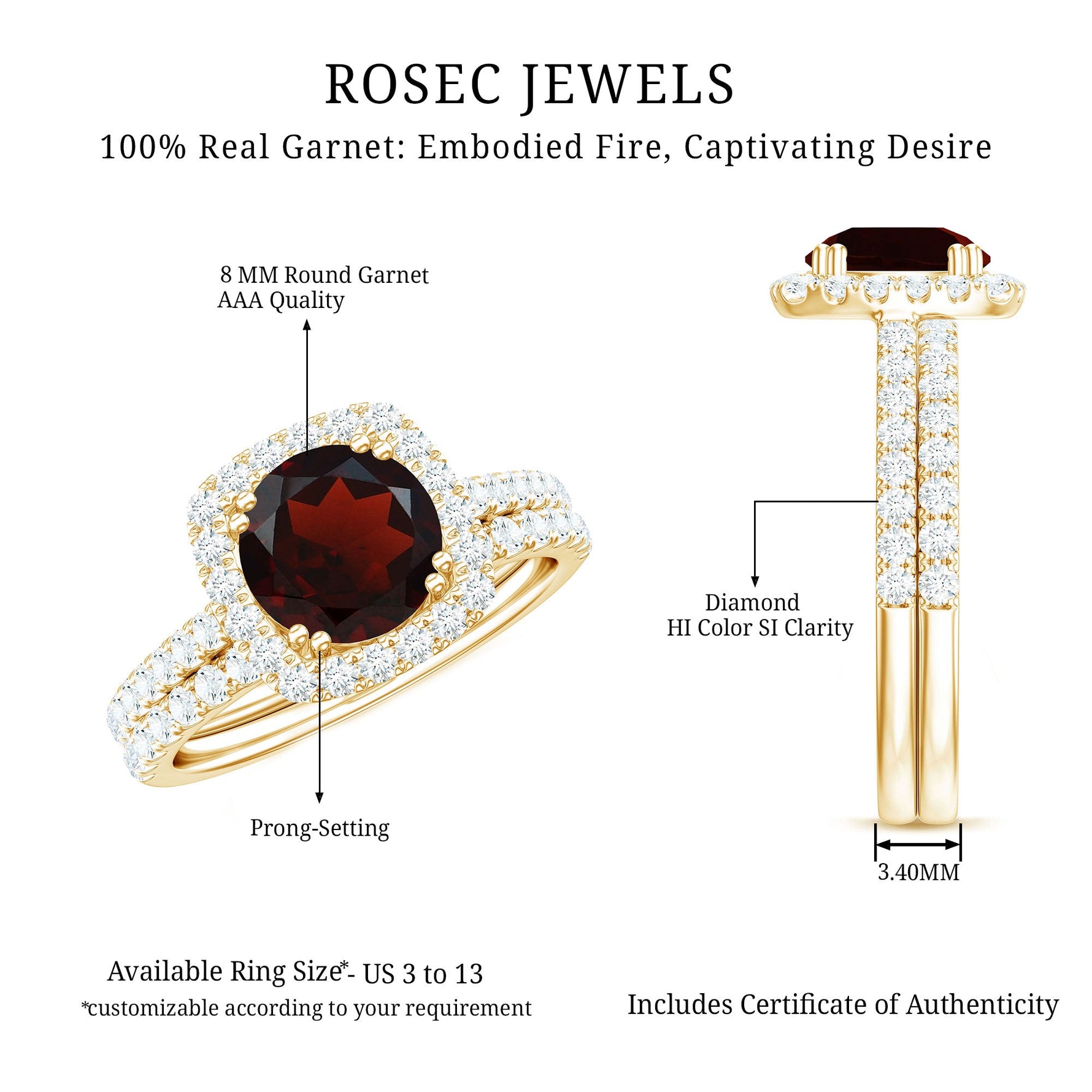 Real Garnet Wedding Ring Set with Diamond Halo