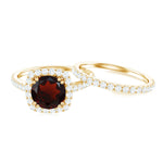 Real Garnet Wedding Ring Set with Diamond Halo