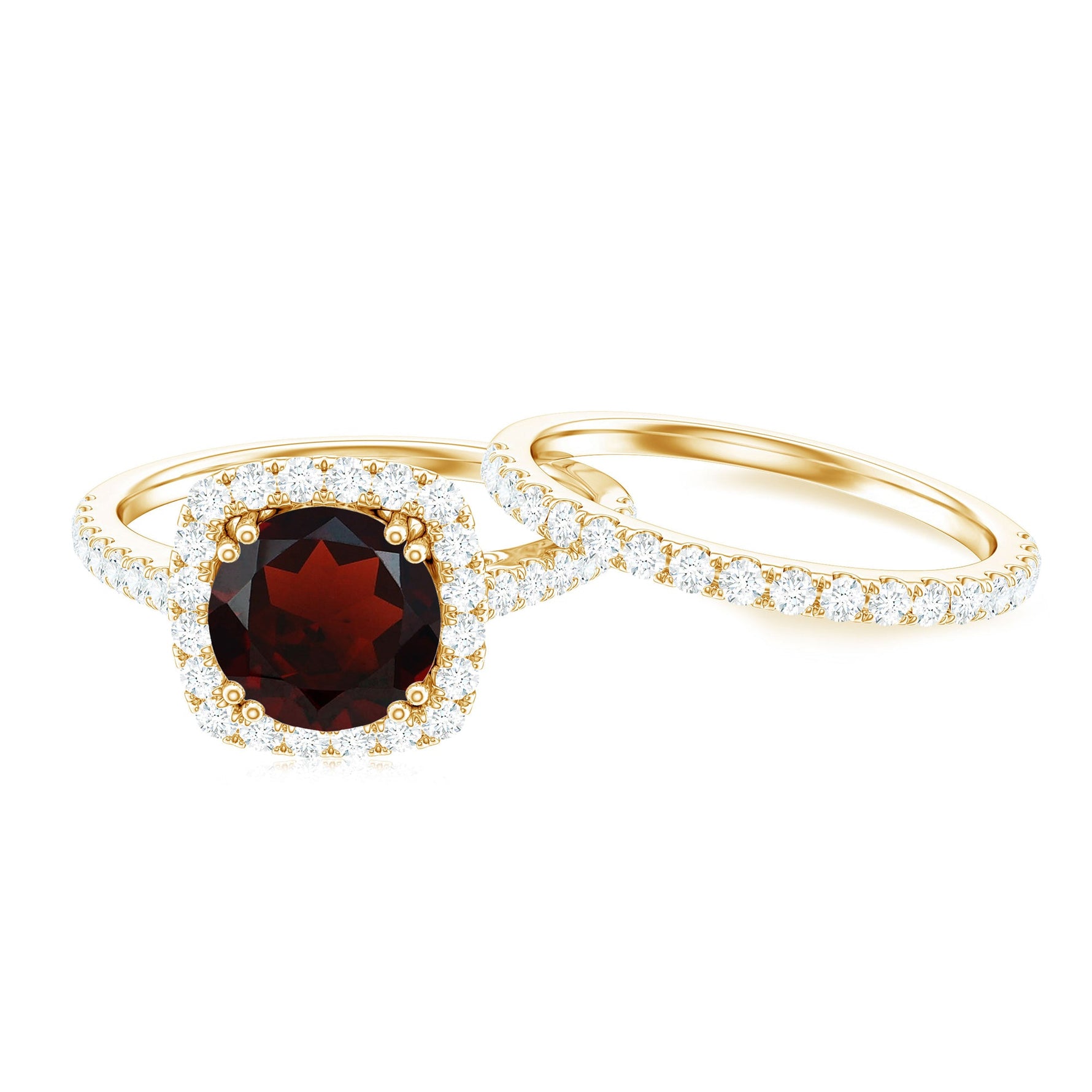 Real Garnet Wedding Ring Set with Diamond Halo