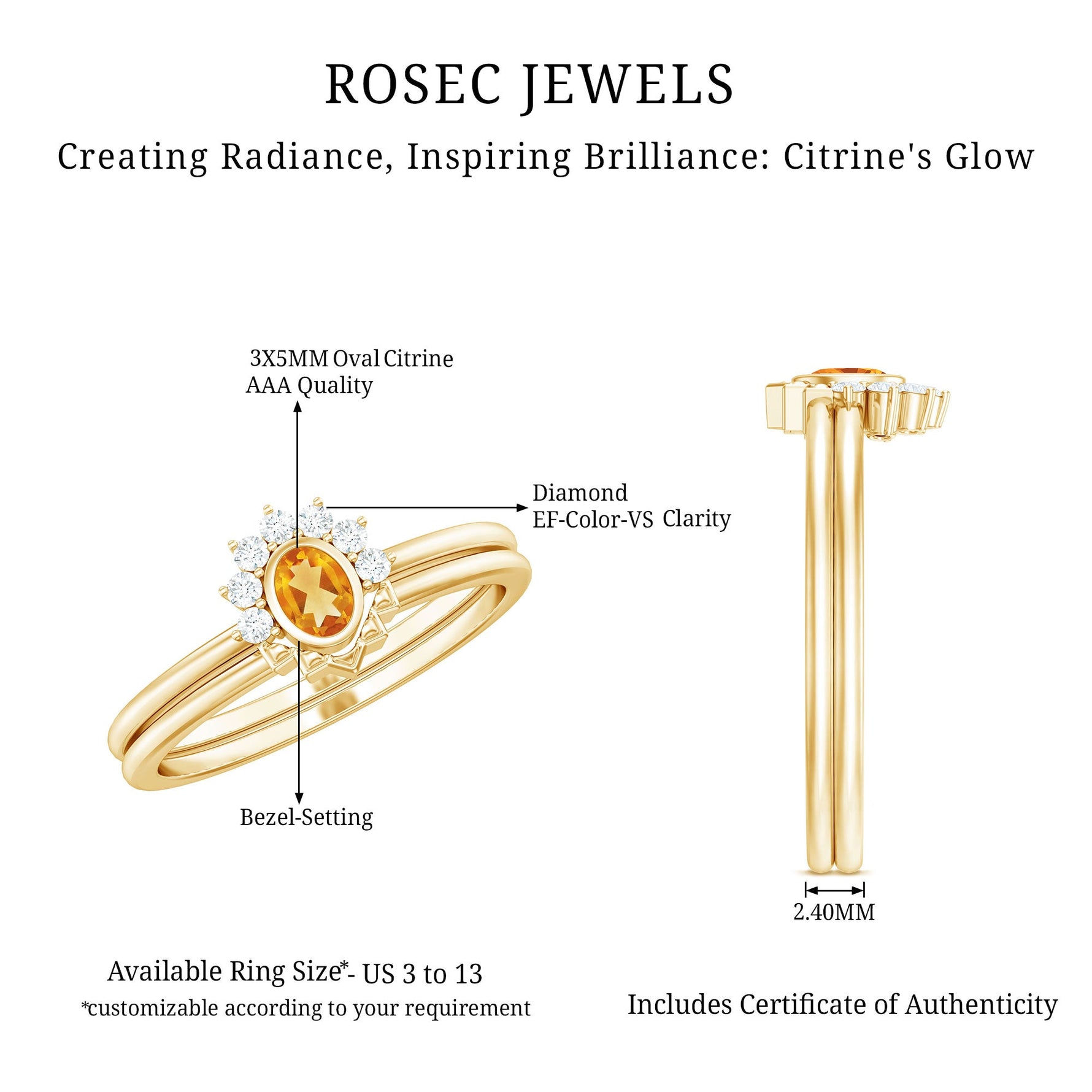 Minimalist Citrine and Diamond Stackable Wedding Ring Set