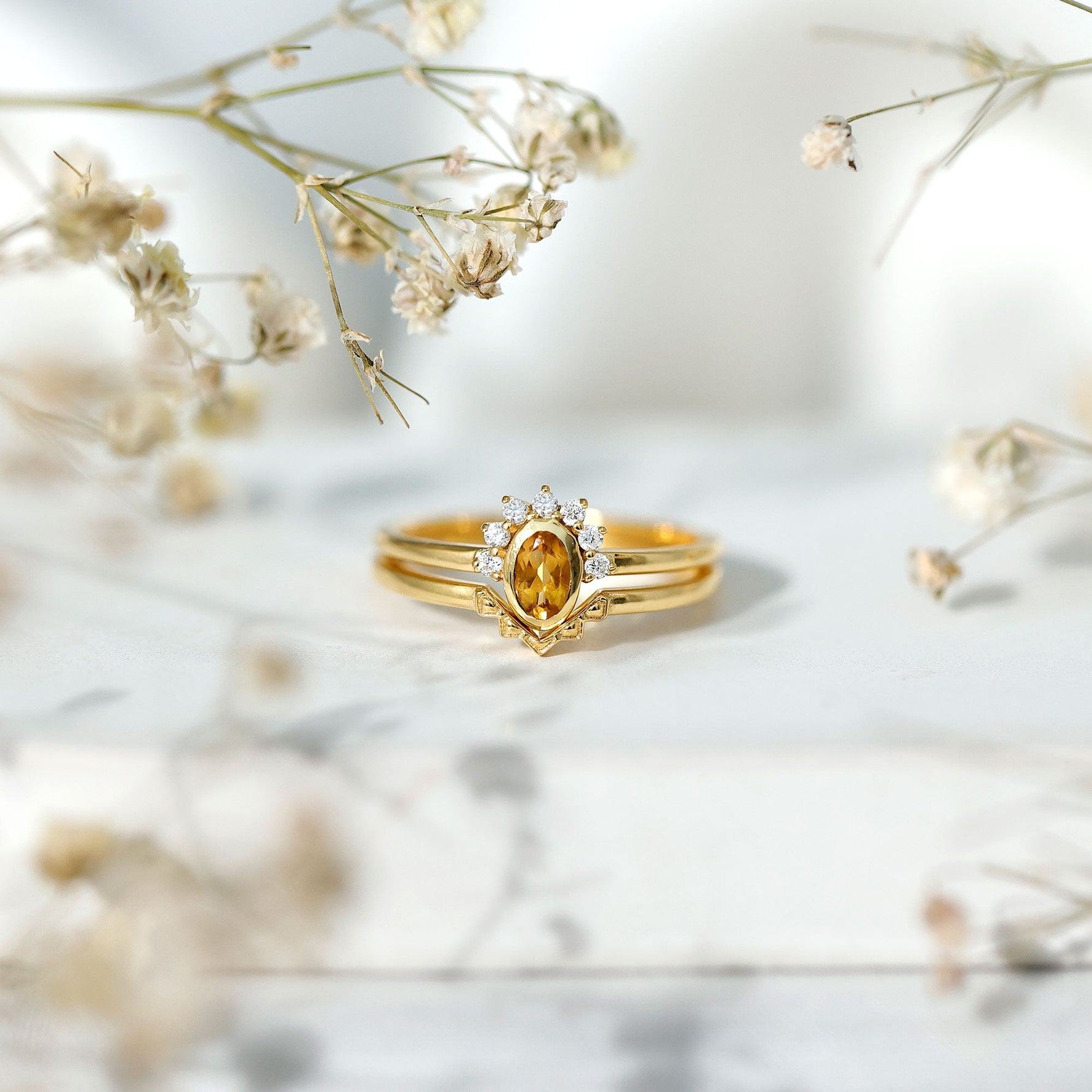 Minimalist Citrine and Diamond Stackable Wedding Ring Set
