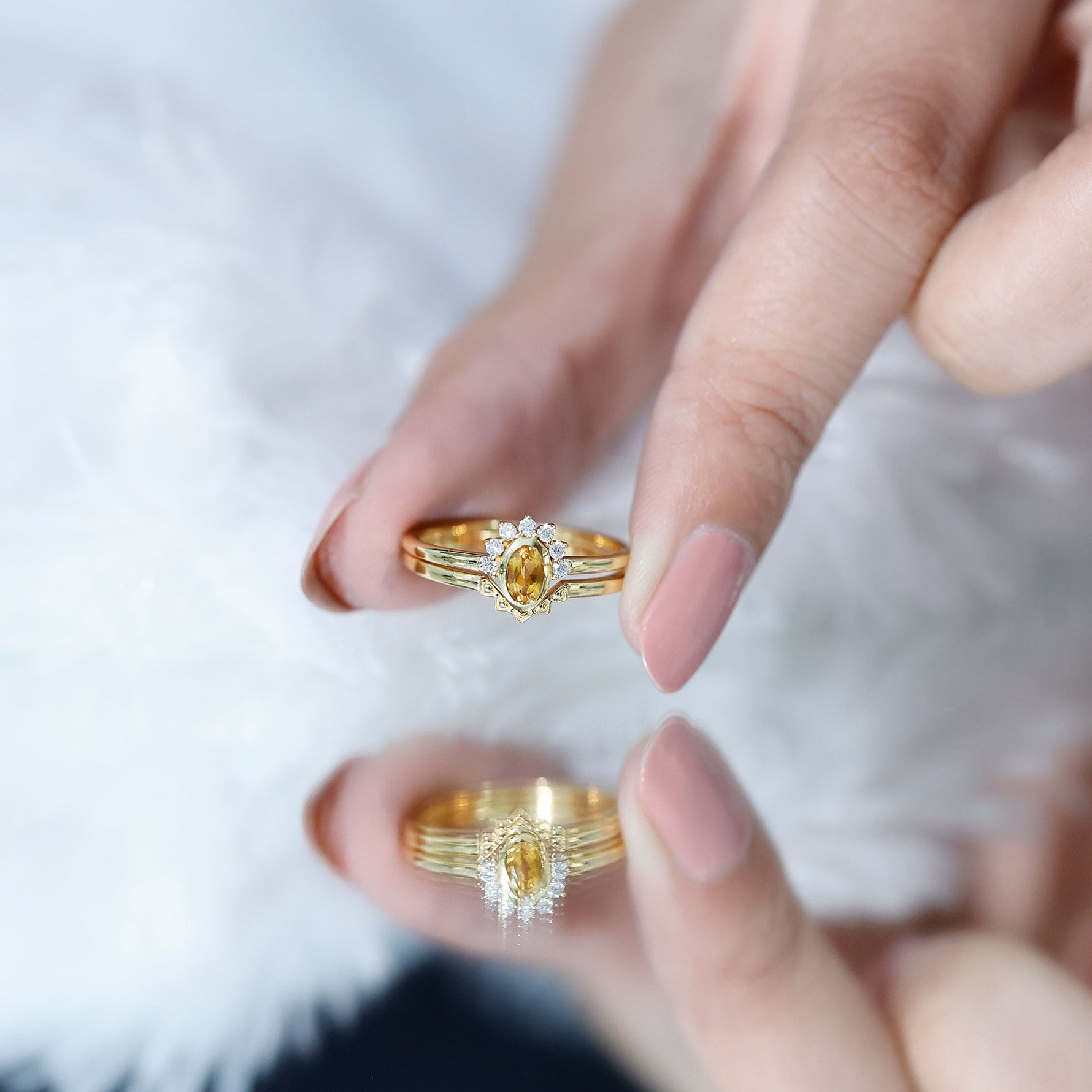 Minimalist Citrine and Diamond Stackable Wedding Ring Set