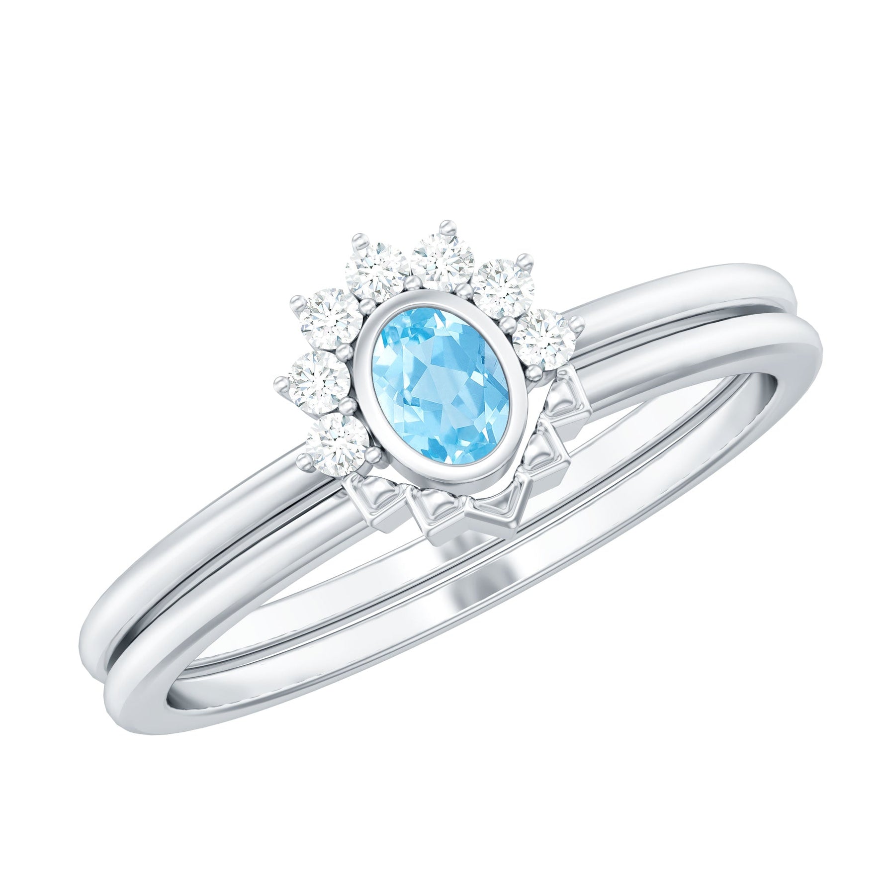 Oval Cut Aquamarine Wedding Ring Set with Diamond Halo