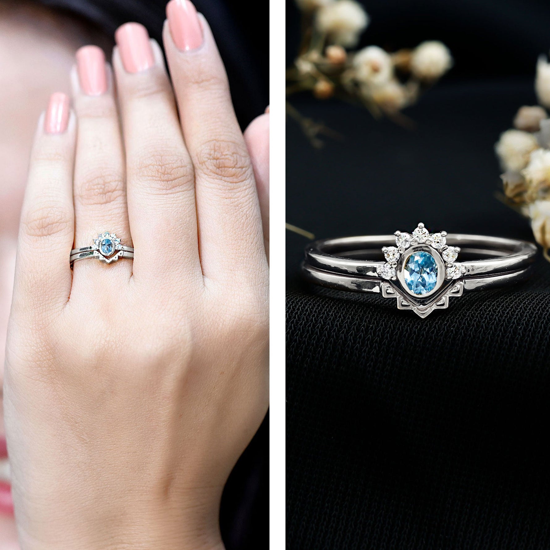 Oval Cut Aquamarine Wedding Ring Set with Diamond Halo