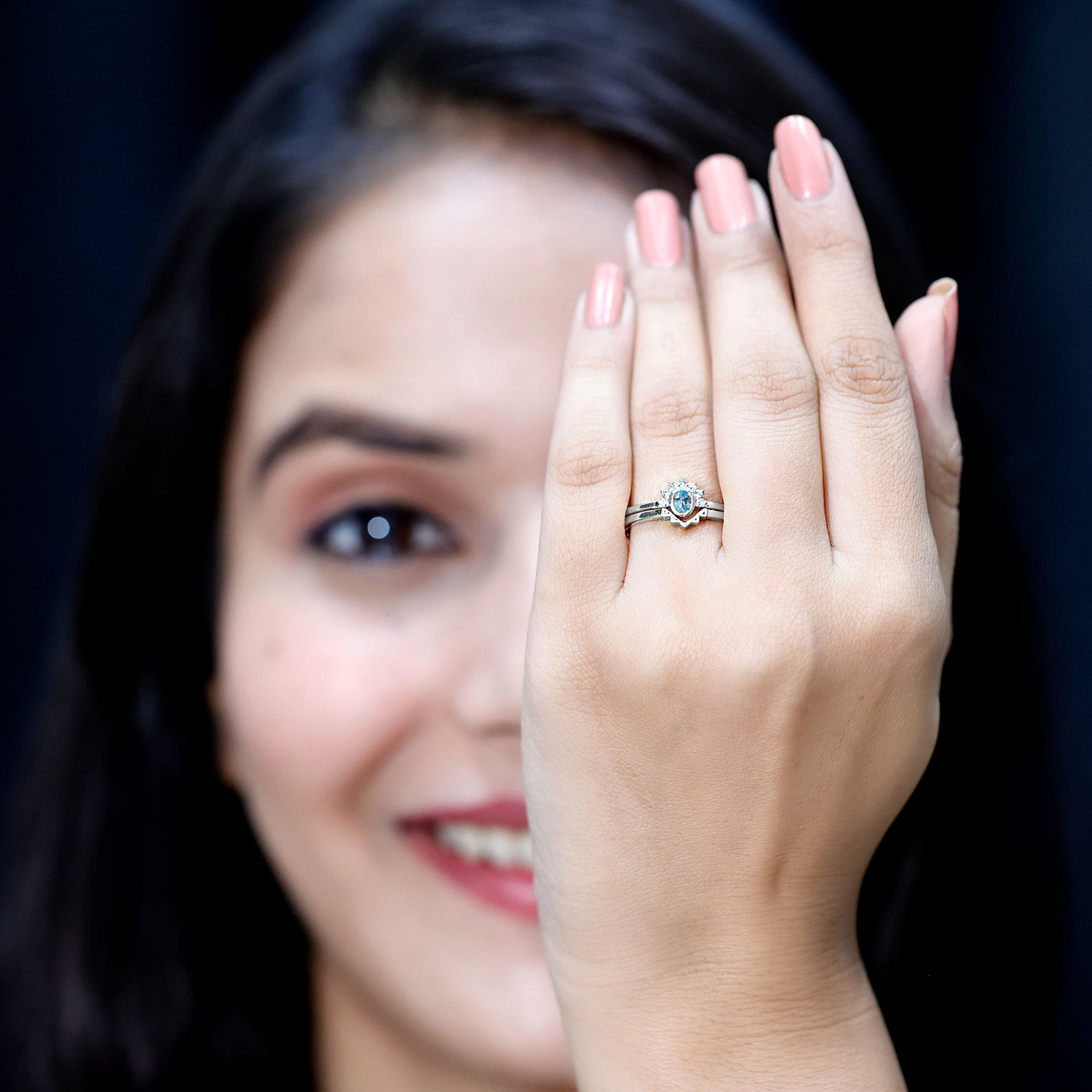 Oval Cut Aquamarine Wedding Ring Set with Diamond Halo