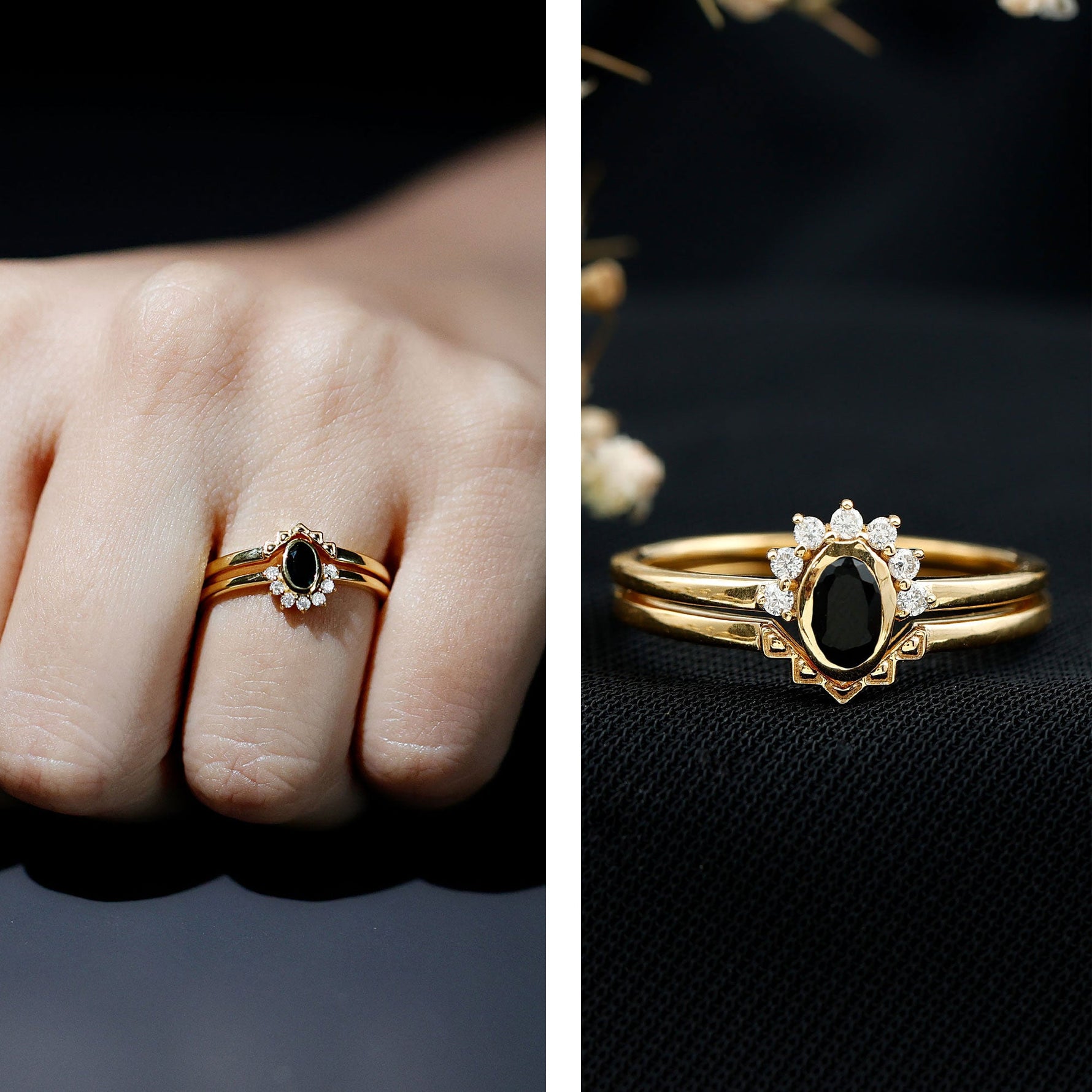 Oval Cut Black Onyx and Diamond Promise Ring Set in Yellow Gold