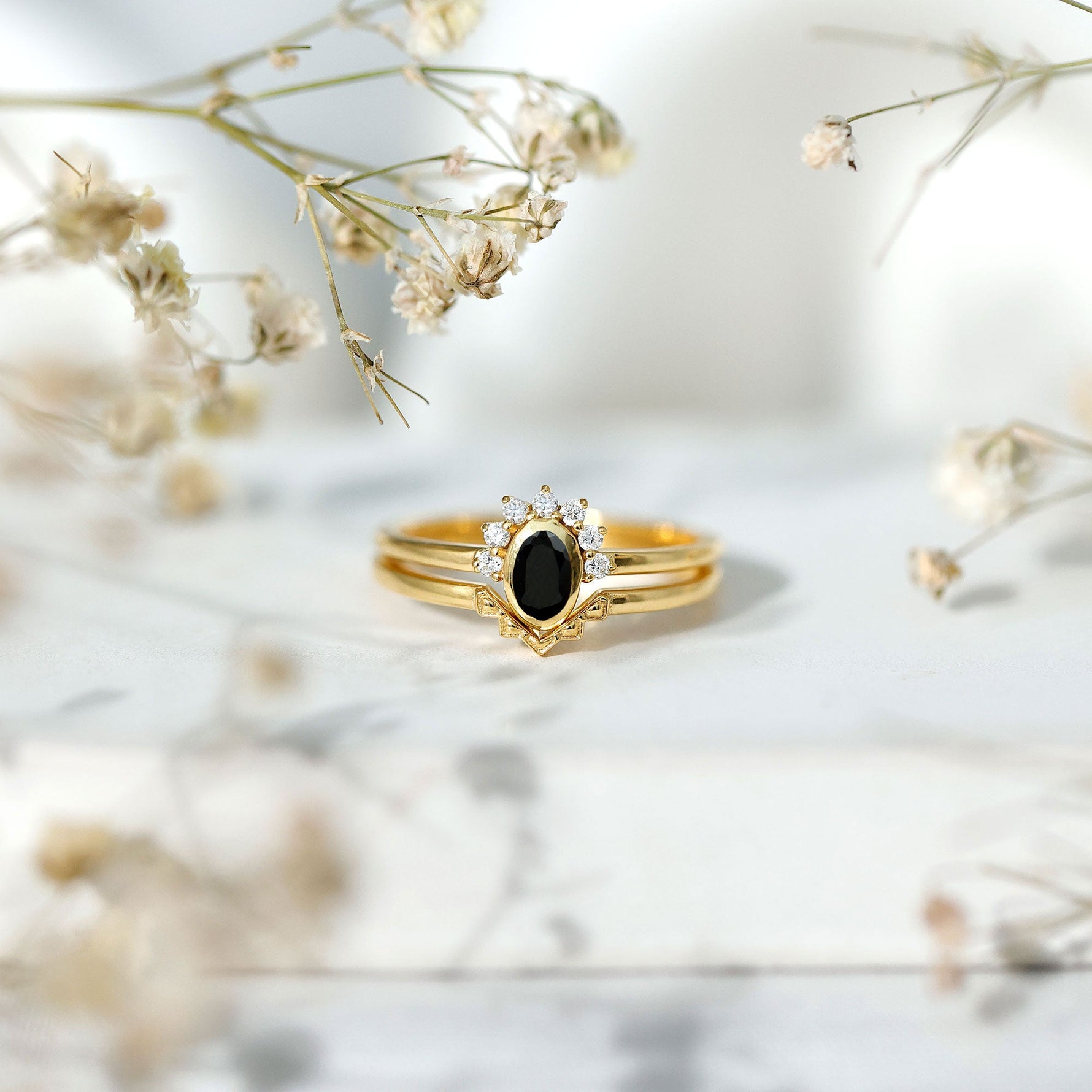 Oval Cut Black Onyx and Diamond Promise Ring Set in Yellow Gold