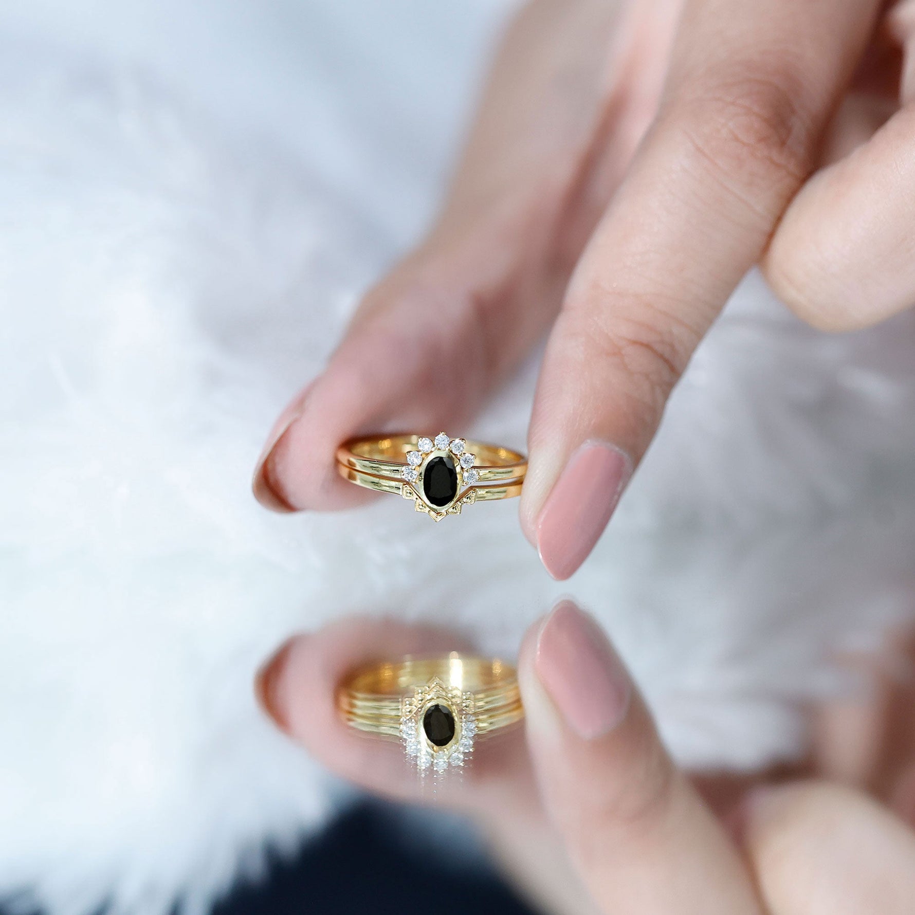 Oval Cut Black Onyx and Diamond Promise Ring Set in Yellow Gold